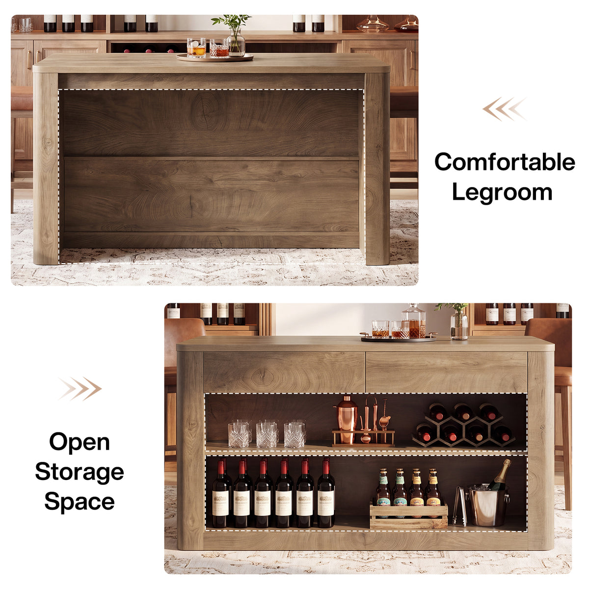 55" Bar Table with 2 Drawers, Farmhouse Pub Table with 3-Tier Open Shelves