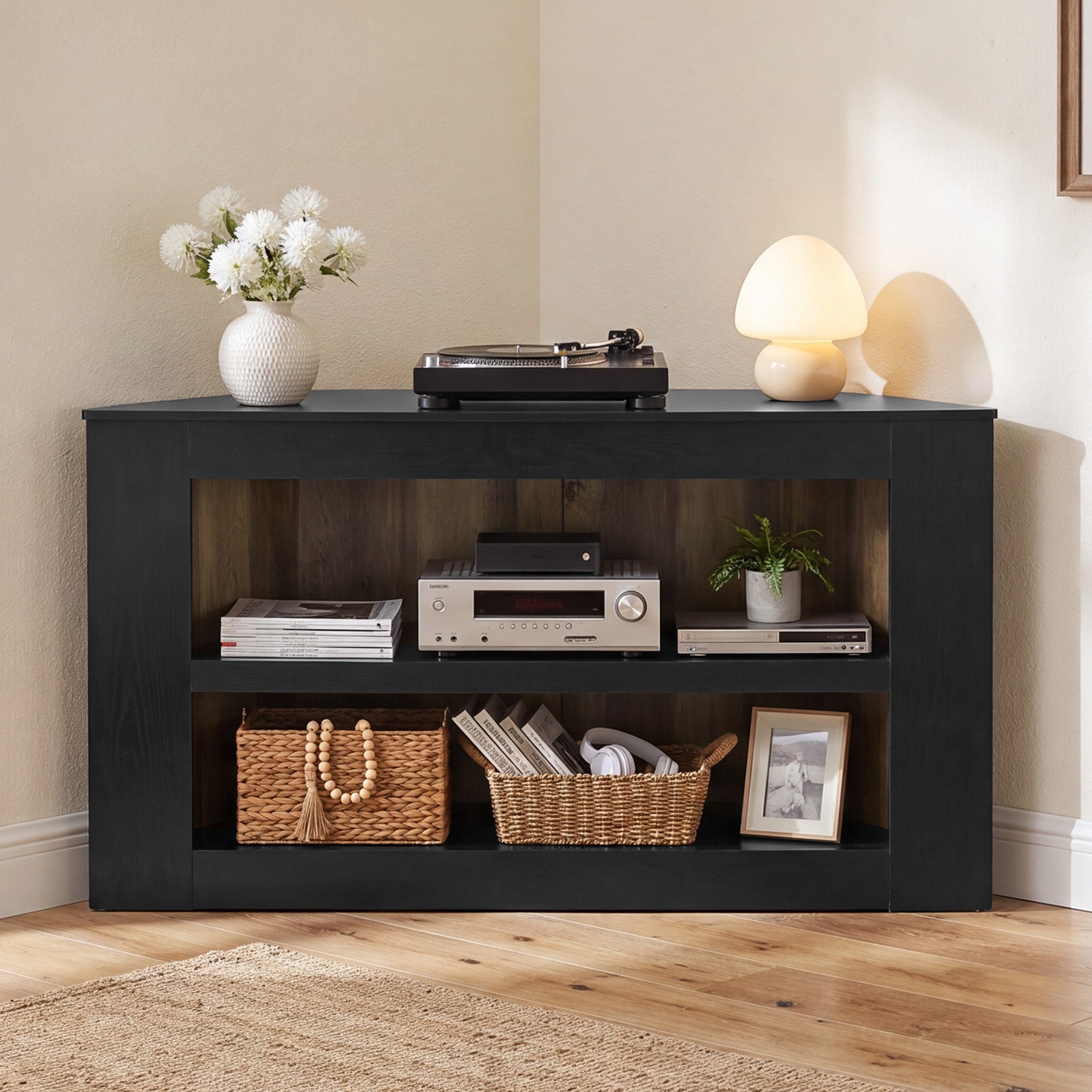 59" Corner TV Stand for 65" TV, Entertainment Center with 2-Tier Shelves, Living Room