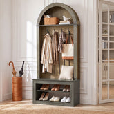 71" Hall Tree with Bench & Shoe Storage, Farmhouse Entryway Coat Rack, 4 Hooks, Open Shelf 3