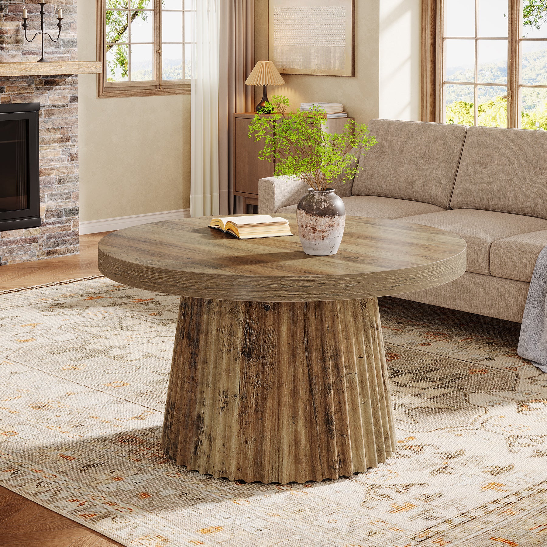 Round Coffee Table, 31.5" Circle Center Table with Fluted Drum Base