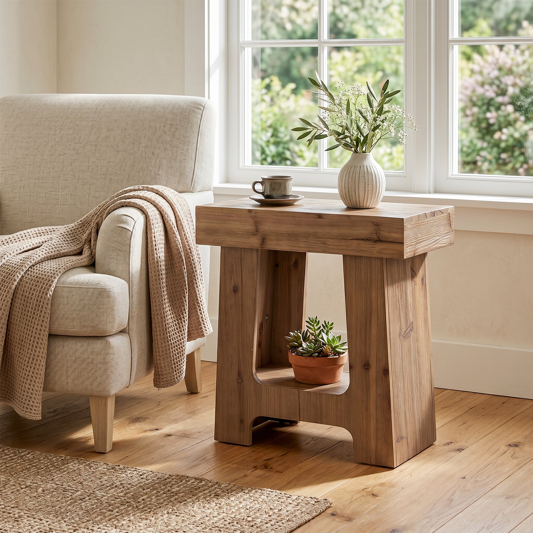23.6" Solid Wood End Table, 2-Tier Side Table Rectangular Narrow Nightstand