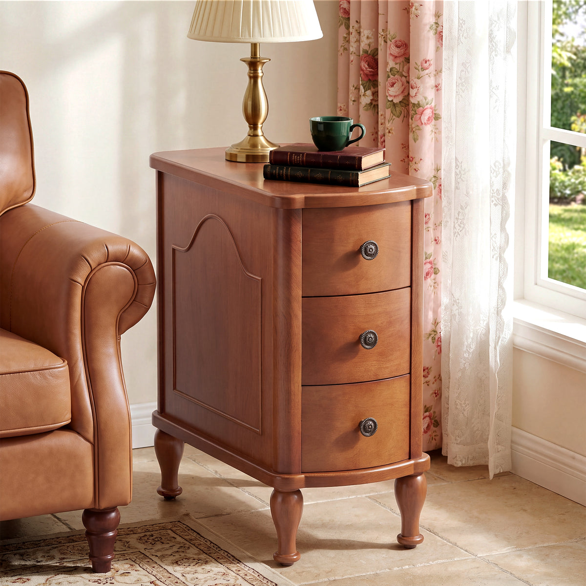 25.78 Inch Solid Wood End Table with 3 Drawers, Vintage Narrow Side Table