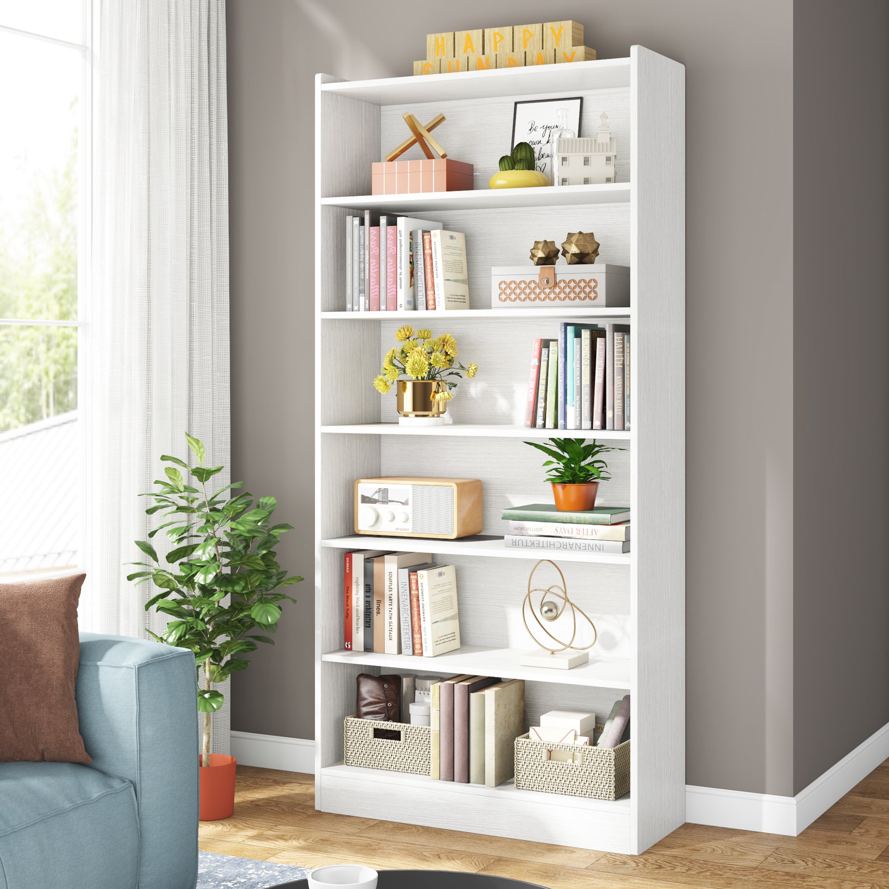 72" Tall Bookcase with 6 Open Shelves, Freestanding Wood Bookshelf