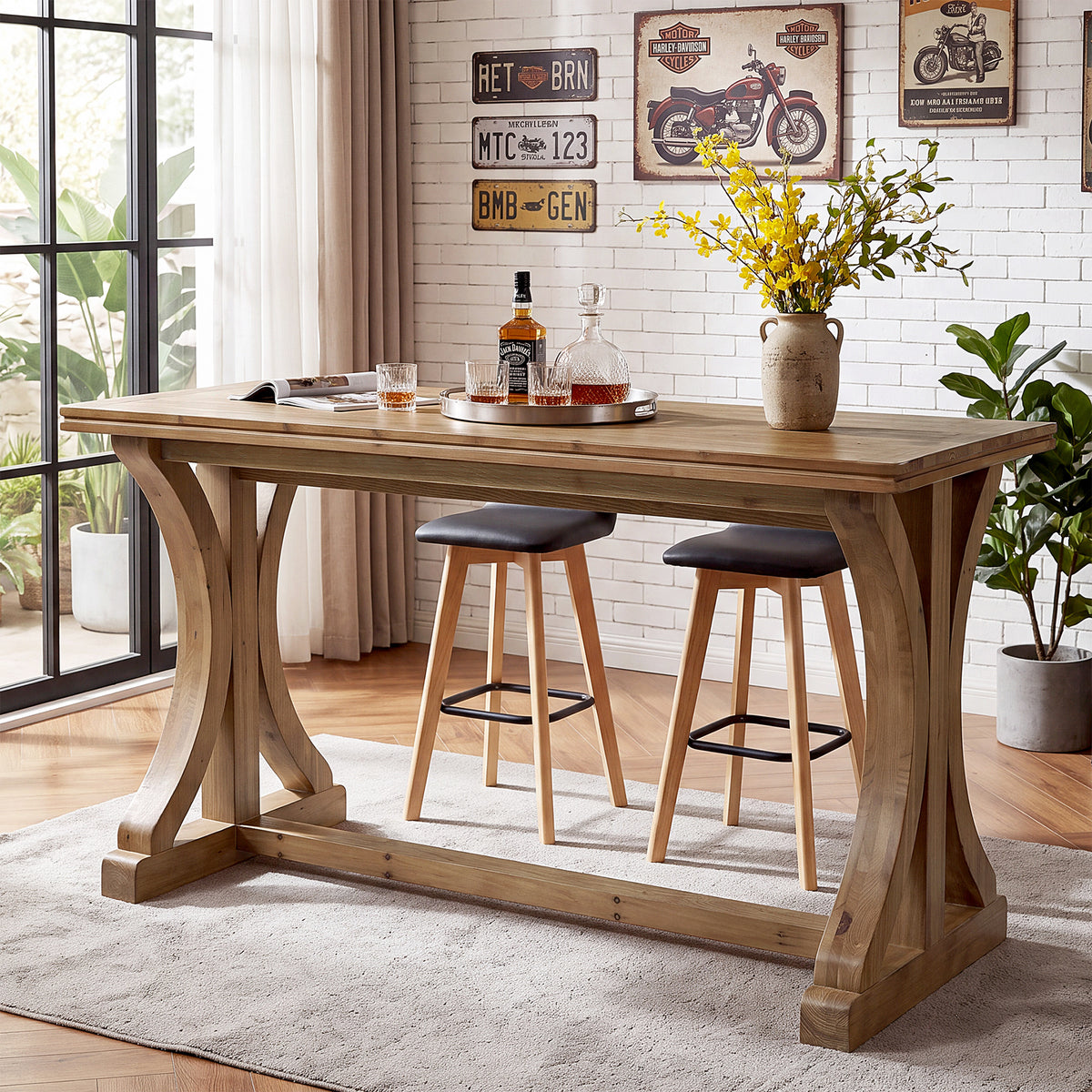 63" Counter Height Pub Table, Farmhouse Solid Wood Bar Table with X-Shaped Legs