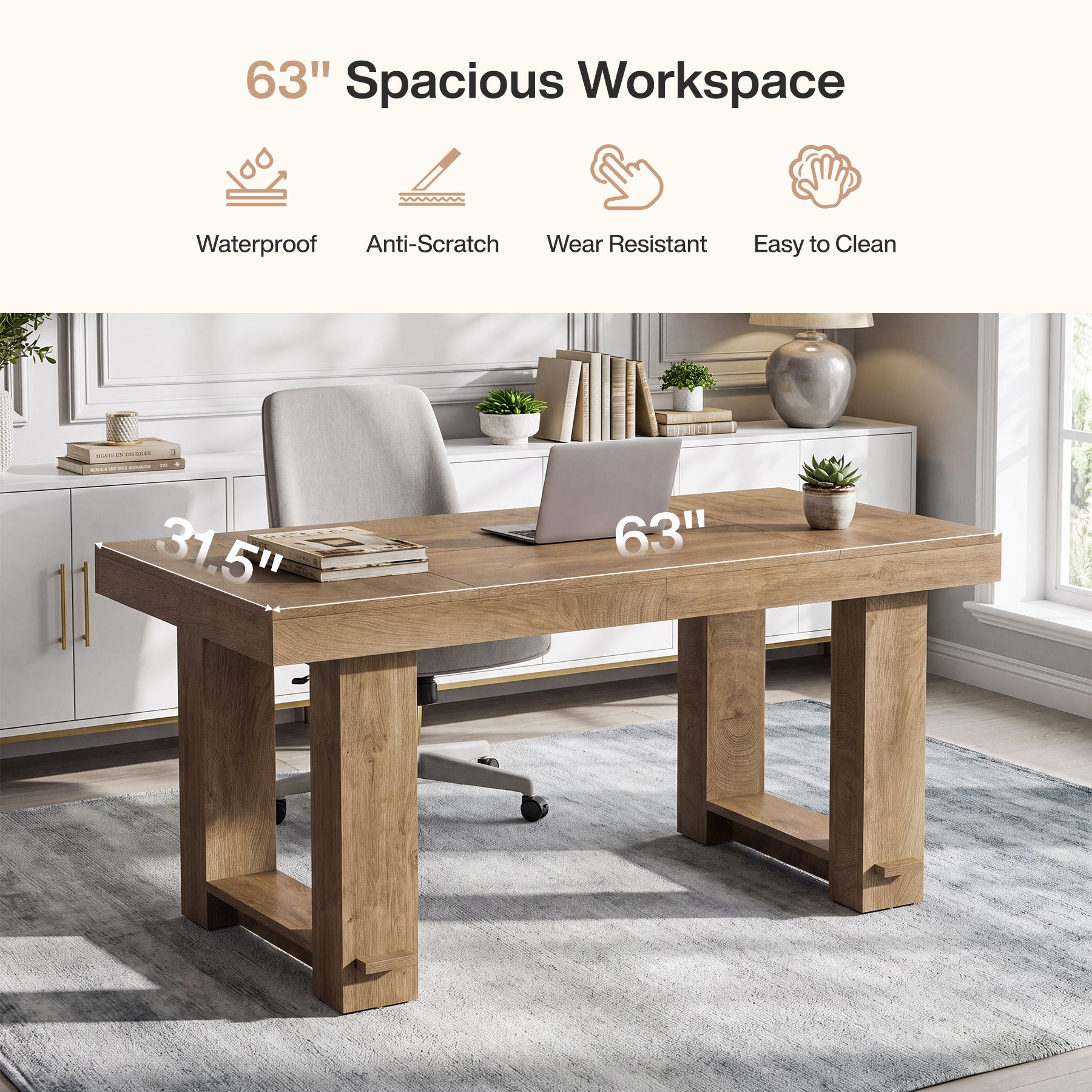 63" Rectangular Executive Desk, Office Desk Computer Writing Table with Large Tabletop