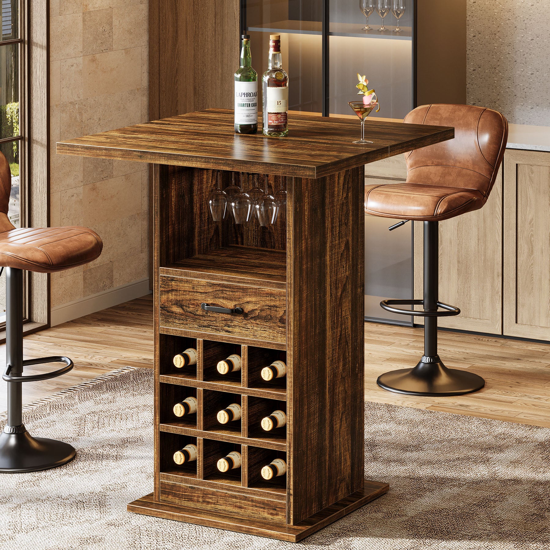 Home Bar Unit,  Square Liquor Bar Cabinet with Storage Drawer and Wine Rack