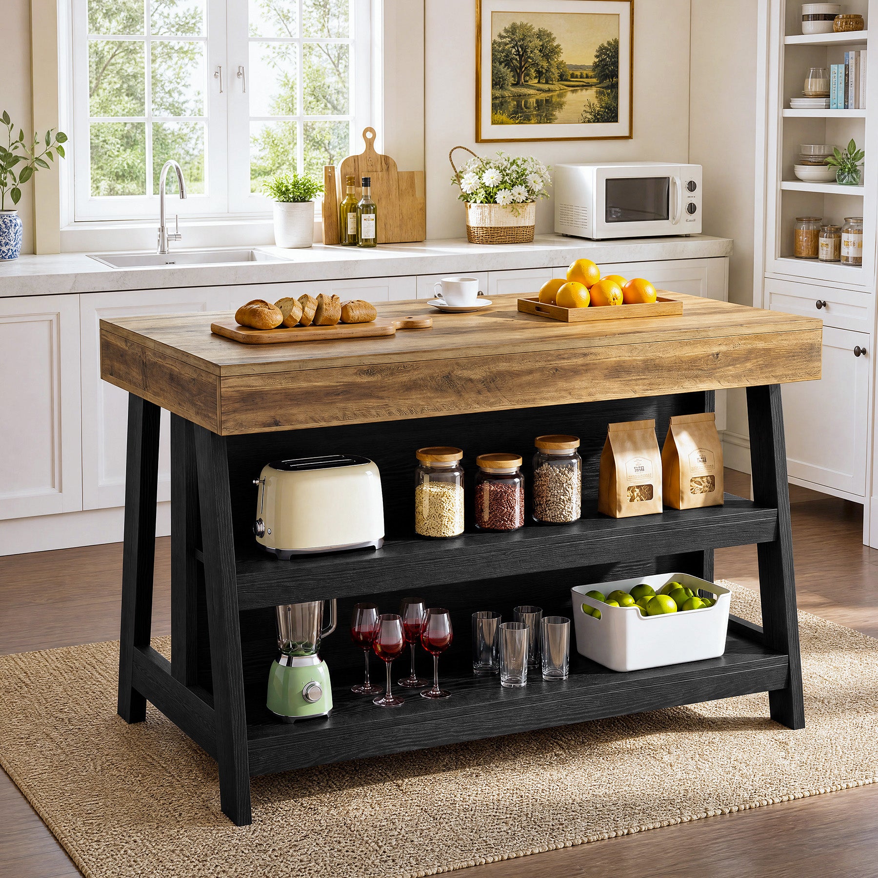 55" Kitchen Island with 3-Tier Storage, Farmhouse Stationary Island Table for Kitchen