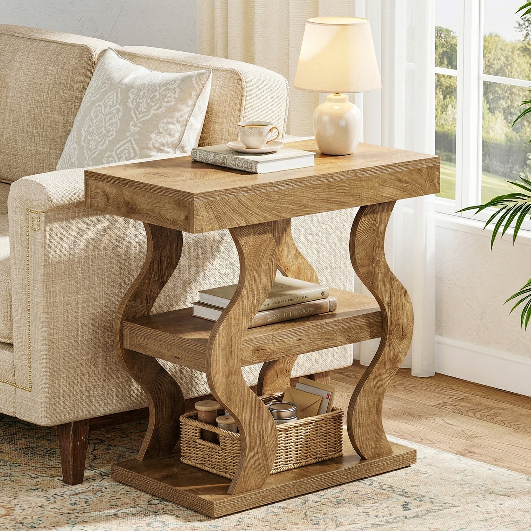 Tribesigns 3-Tier Wooden side Table, Skinny Small Nightstand for Living Room with Storage Shelf