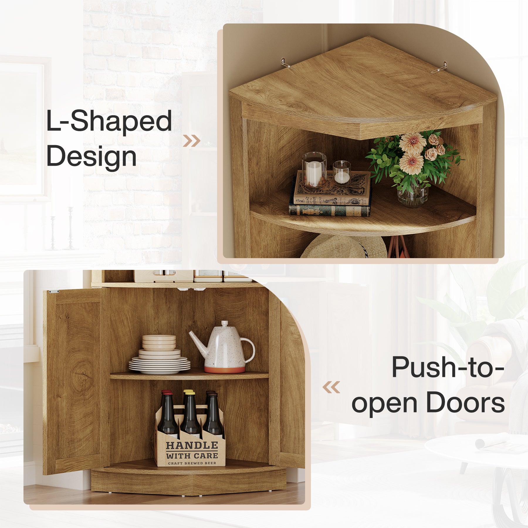 66.9" Corner Storage Cabinet, 5-Tier Corner Shelf with Fluted Doors & Open Shelves