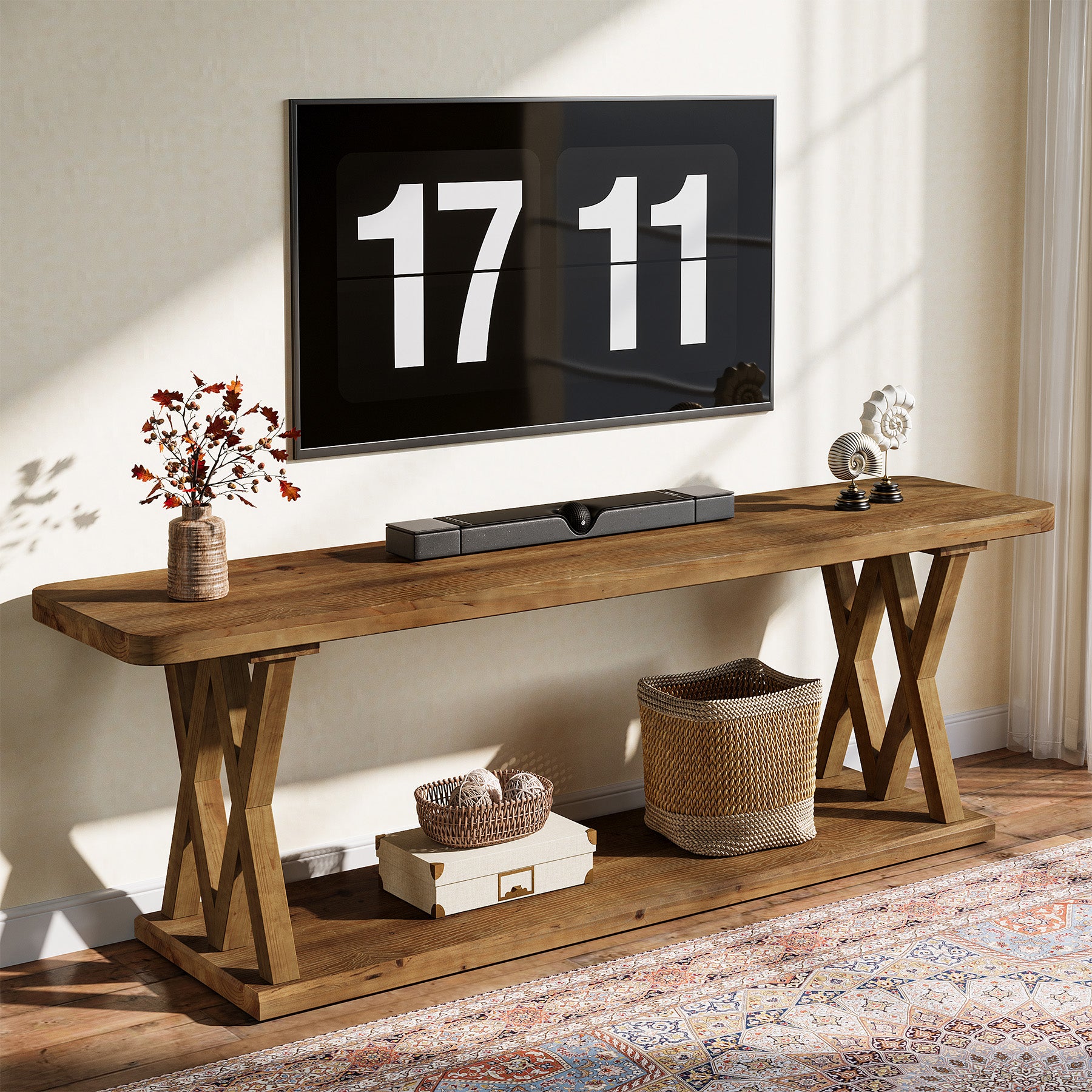 63" Solid Wood TV Stand, Farmhouse Entertainment Center for TVs Up to 75-Inch