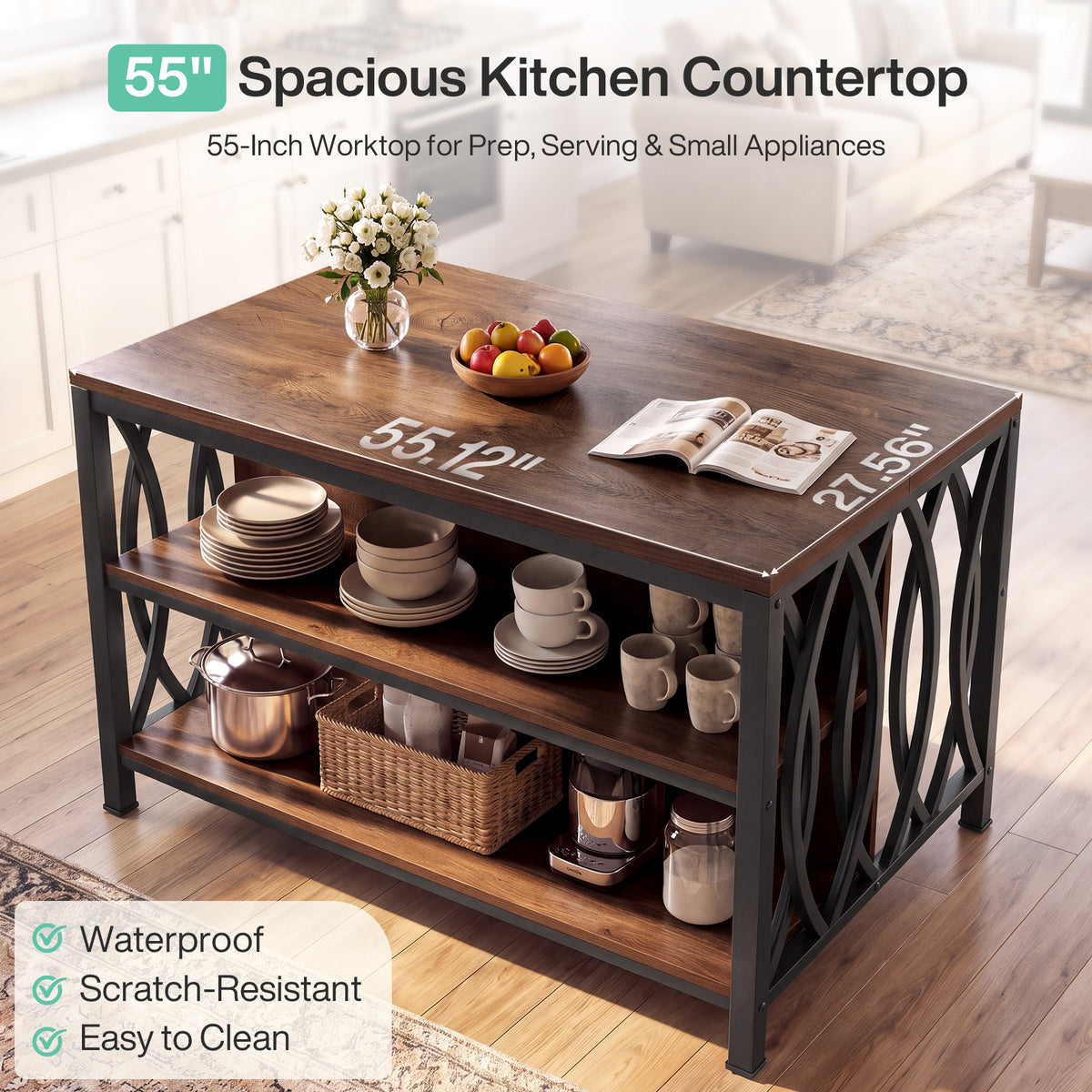 55" Kitchen Island with Storage, 3-Tier Stationary Island Table with Metal Frame for Kitchen