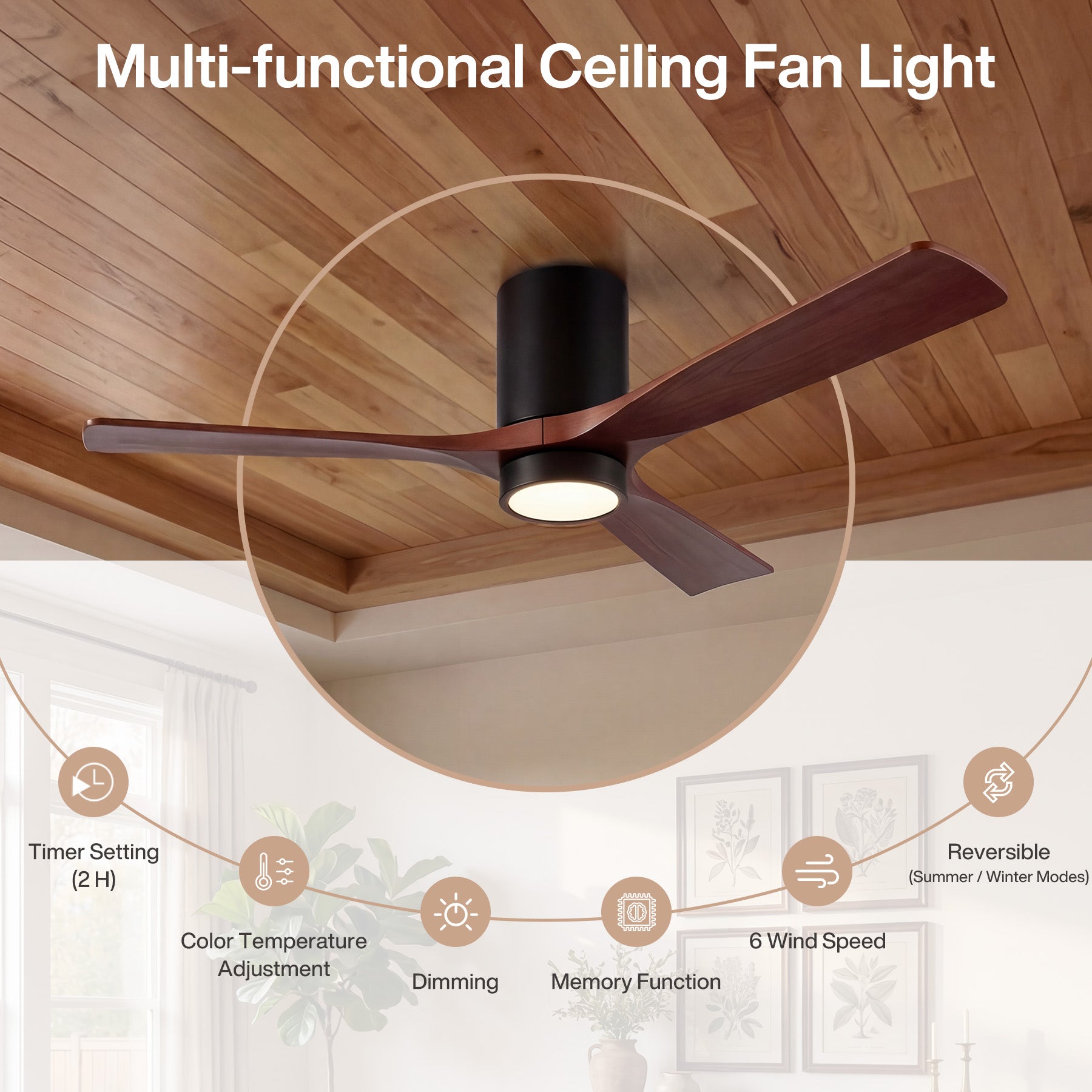 52" Ceiling Fans with Lights & Remote Control, 3 Solid Wood Blades