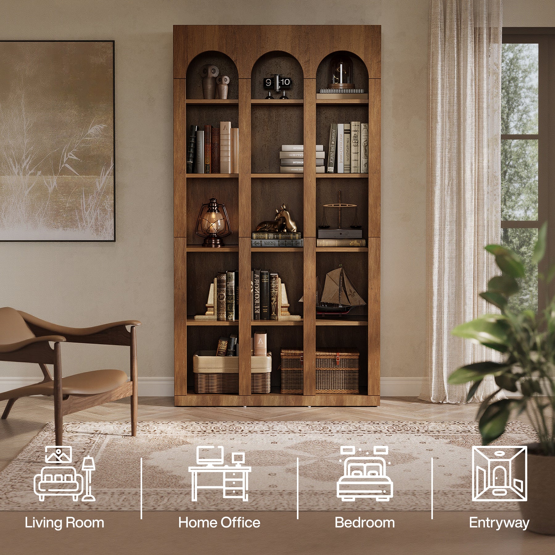 70.8" Arched 5-Tier Bookshelf with Open Shelves, Vintage Farmhouse Style Tall Display Bookcase