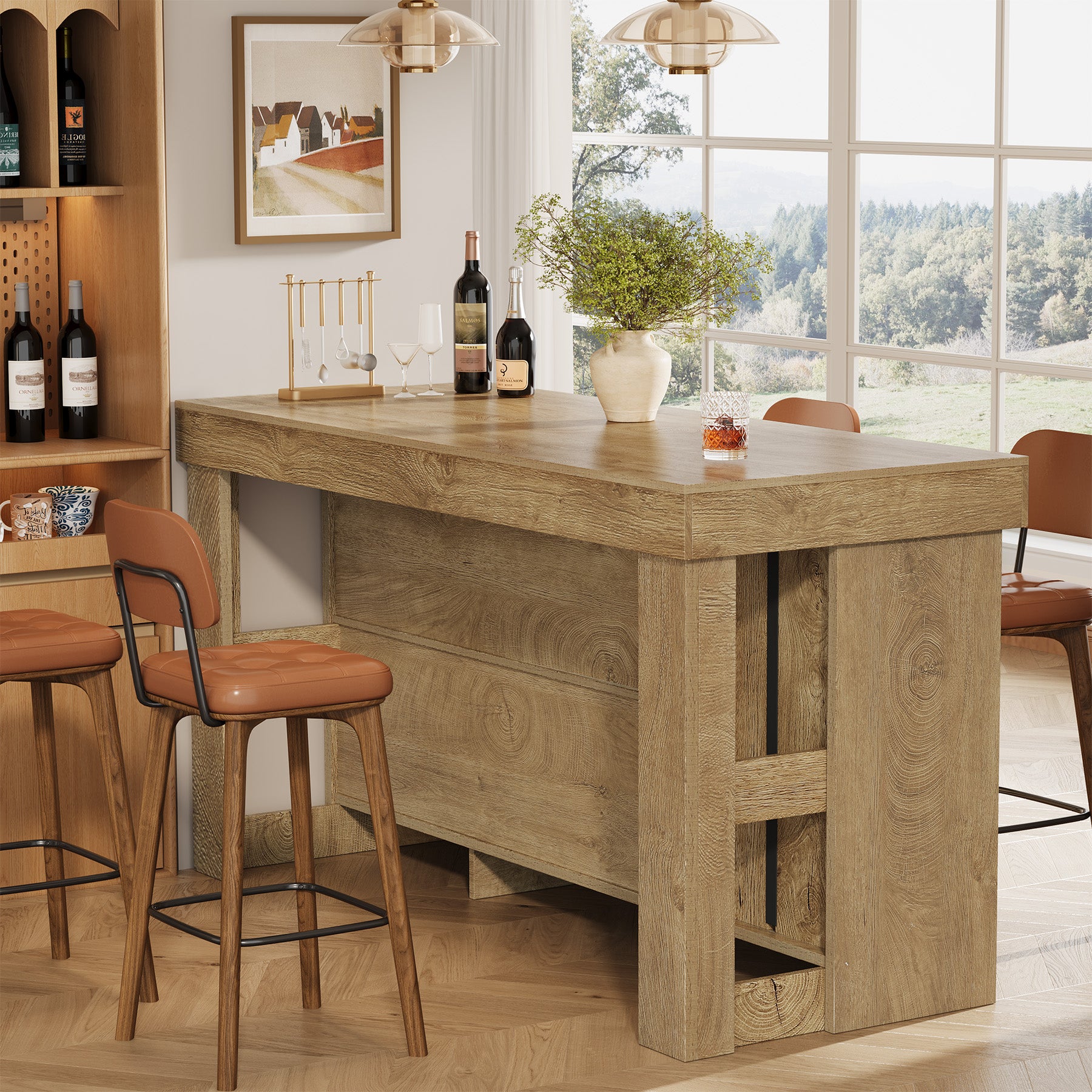 55" Bar Table with Storage Cabinet, 2-Tier Shelf Counter Pub Table for Kitchen