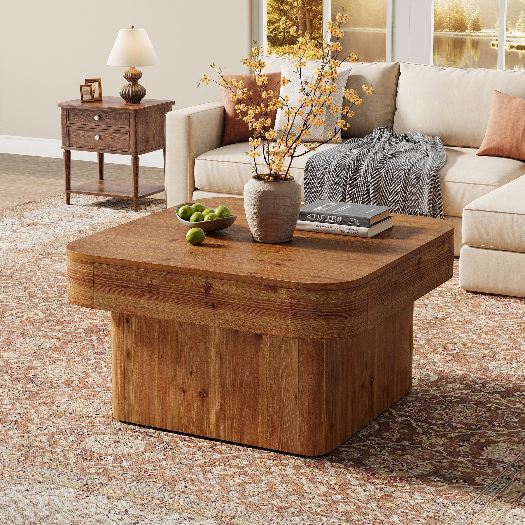 31.5" Square Coffee Table, Farmhouse Solid Wood Center Table