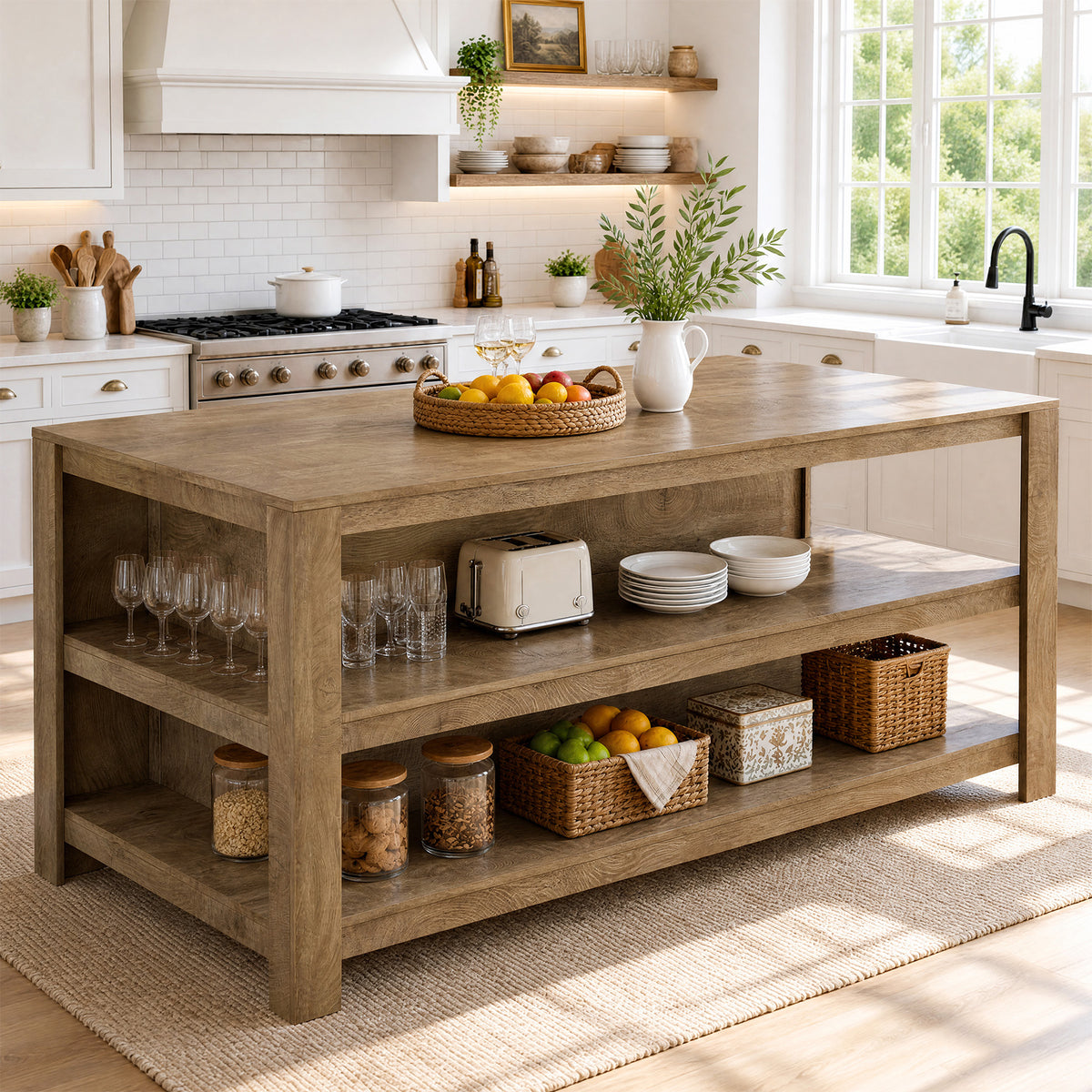 63" Kitchen Island, 2-Tier Counter Height Bar Table with Storage for Kitchen, Dining Room