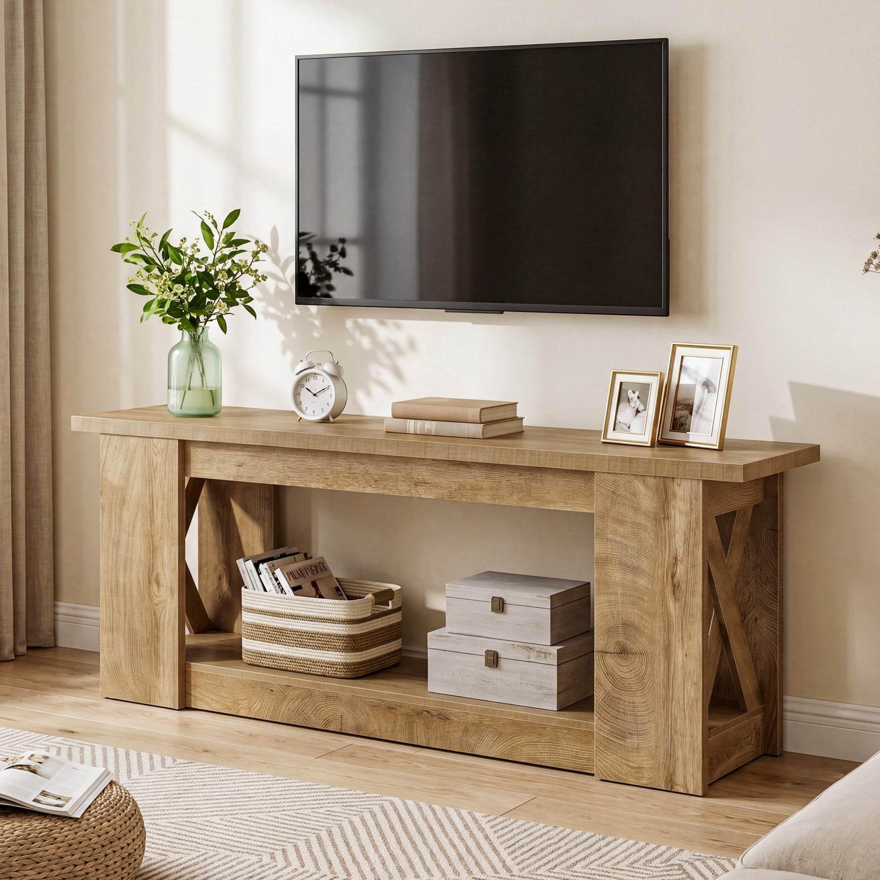 63-Inch Farmhouse TV Stand for TVs up to 70 Inches, Rustic Media Console with 2-Tier Open Storage