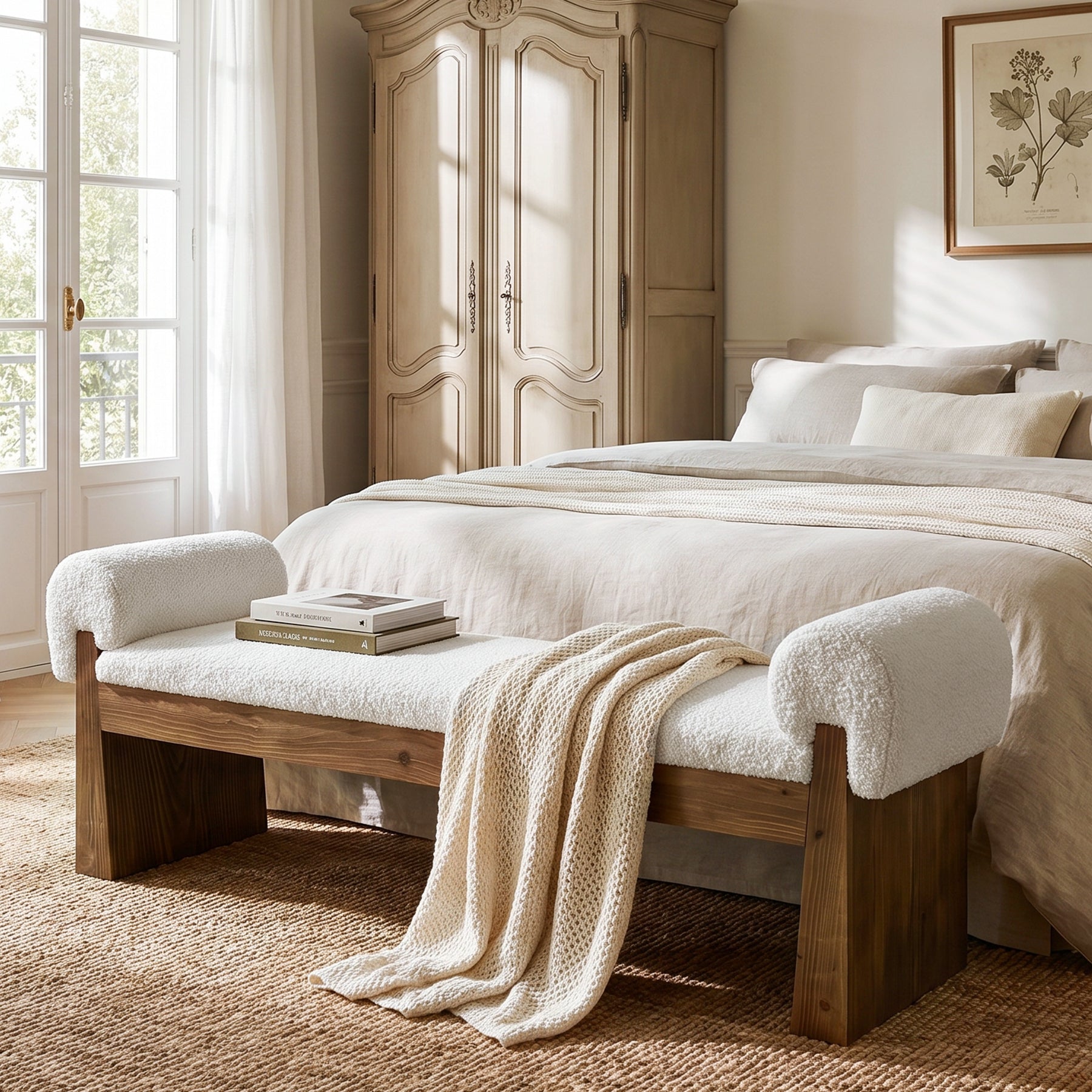 Solid Wood Cushioned Bench, Upholstered Entryway Bench End of Bed Bench