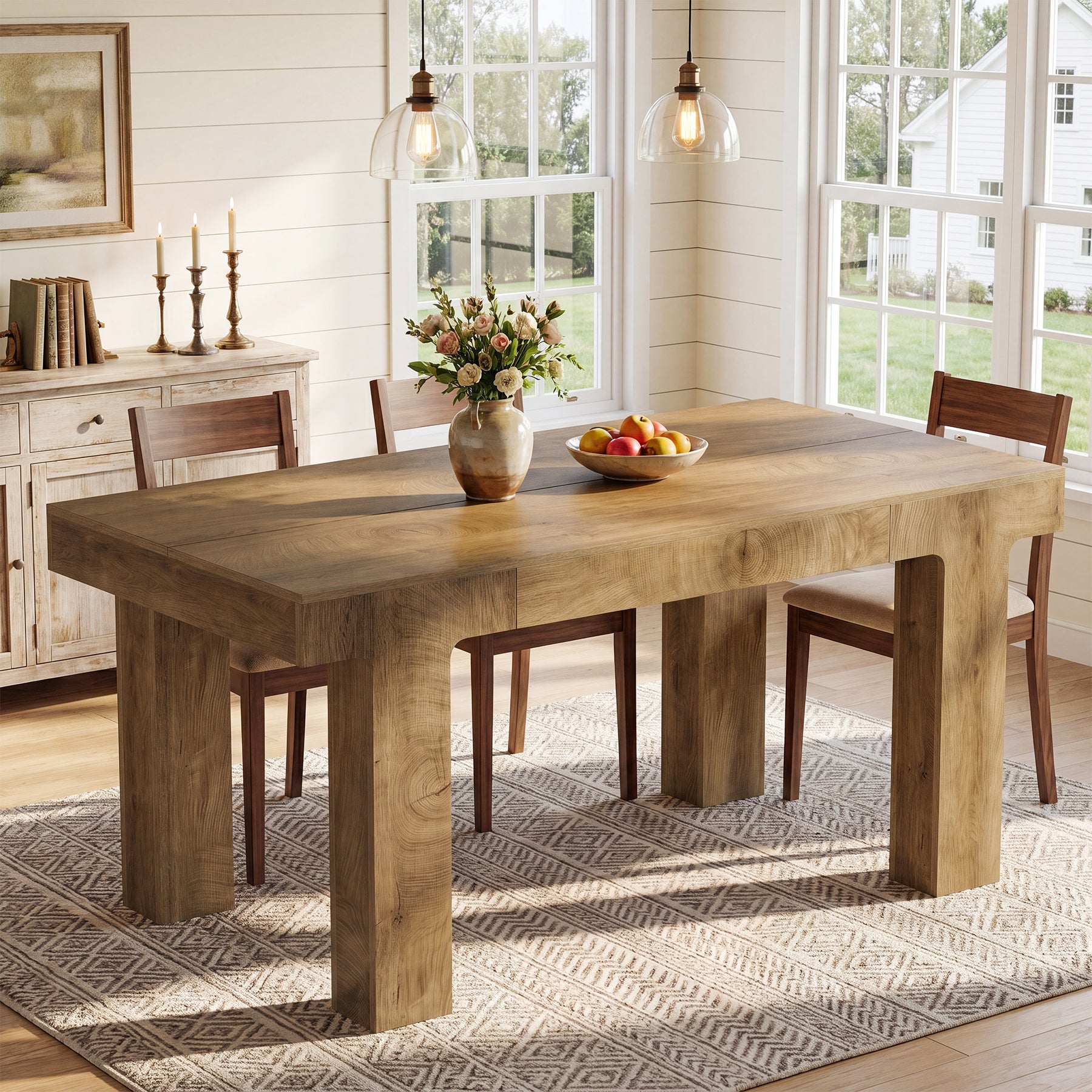 63" Dining Table for 4-6 People, Rectangular Kitchen Table with Smooth Curved Edge