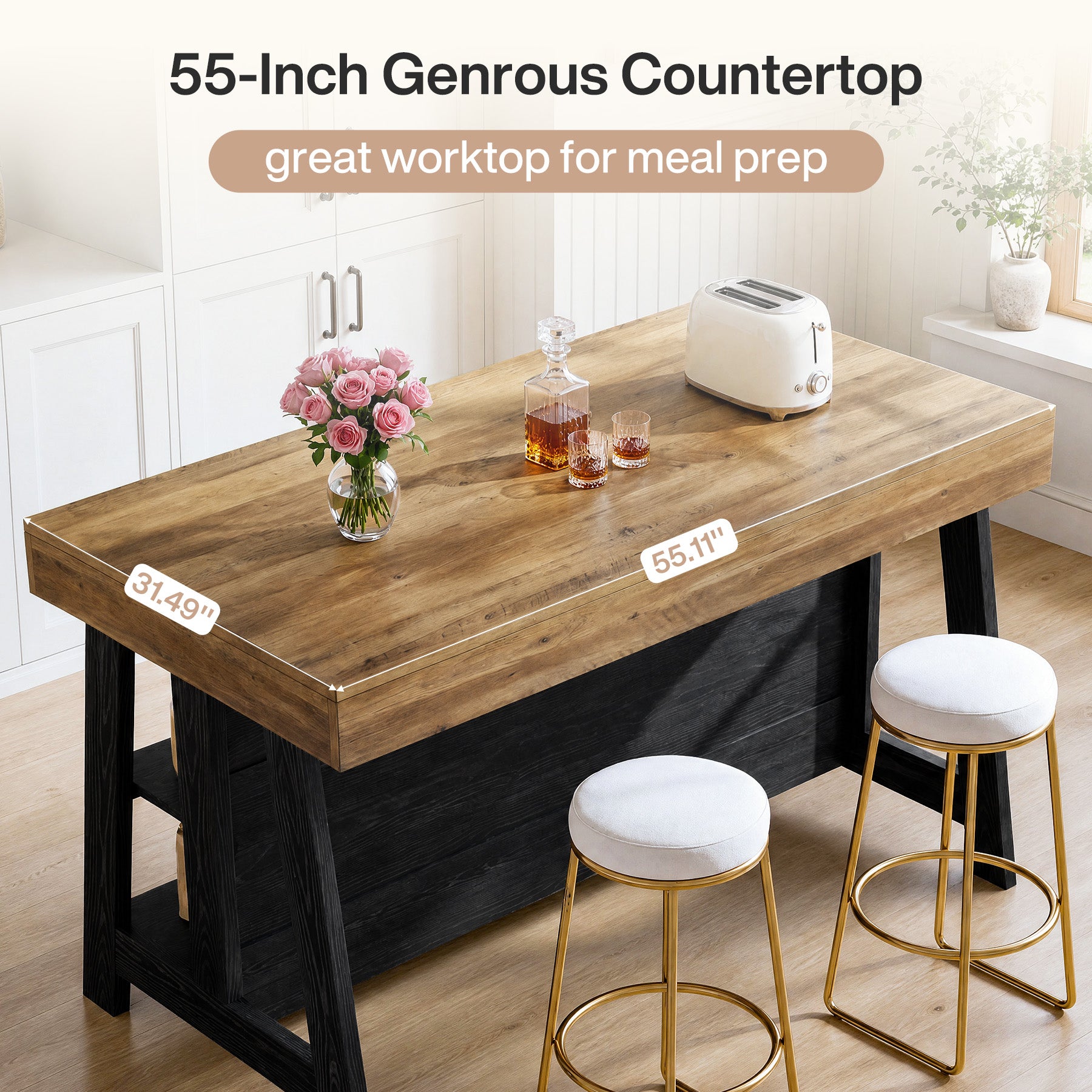 55" Kitchen Island with 3-Tier Storage, Farmhouse Stationary Island Table for Kitchen