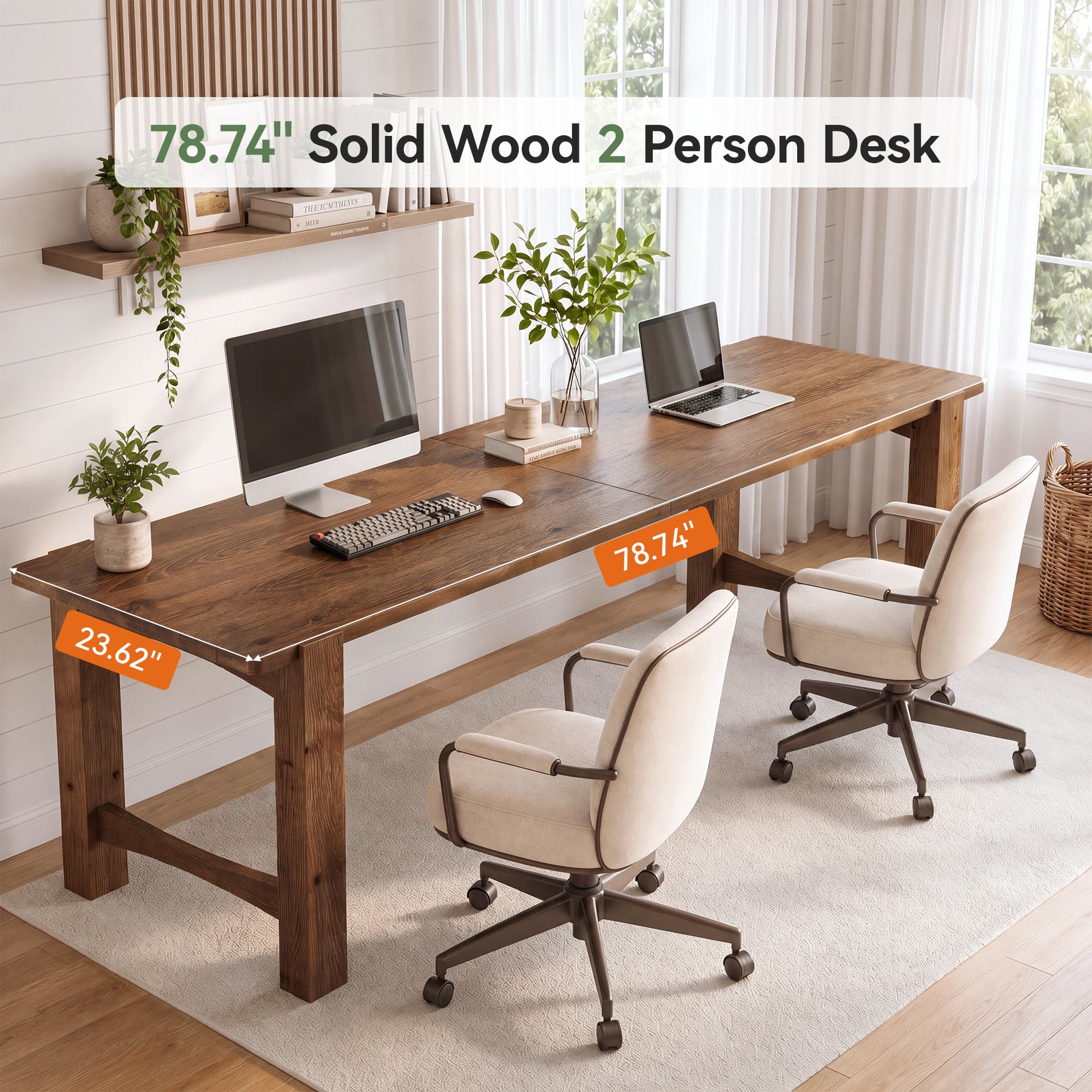 79" Extra Long 2 Person Desk, Farmhouse Solid Wood Computer Desk, Thick Legs, Home Office