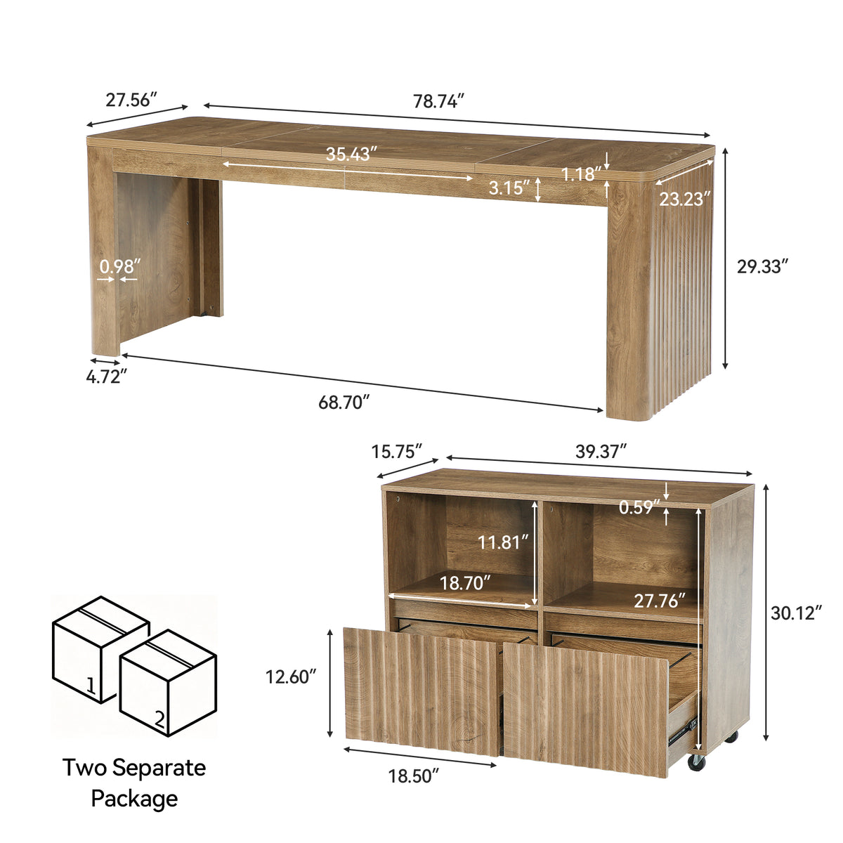 79" L-Shaped Executive Desk with Mobile File Cabinet, Modern Home Office Desk
