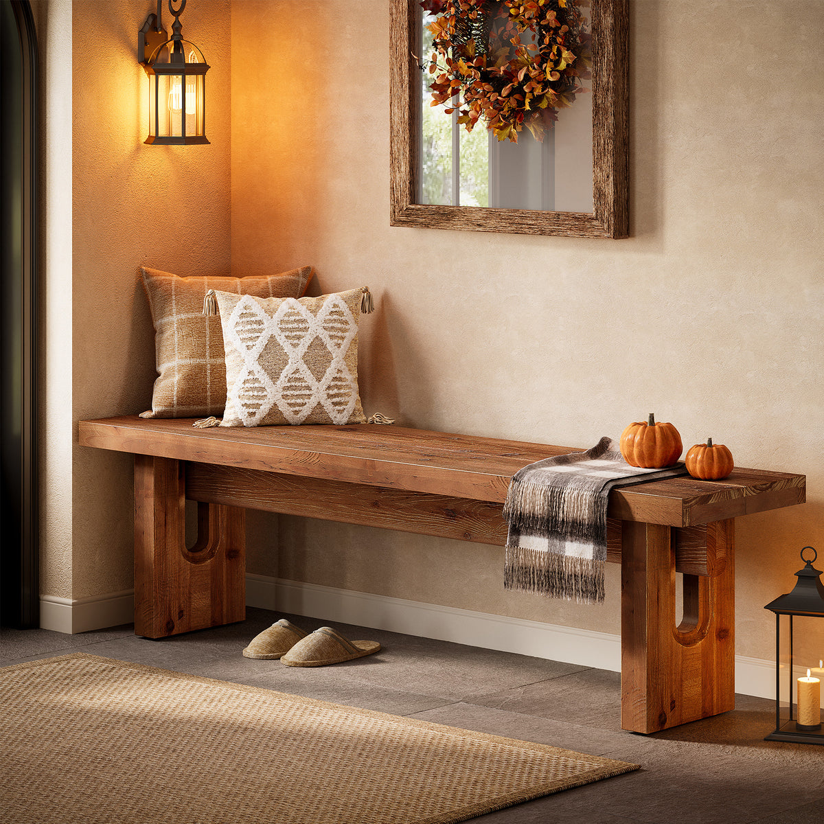 63“ Long Entryway Bench, Solid Wood End of Bed Indoor Seating