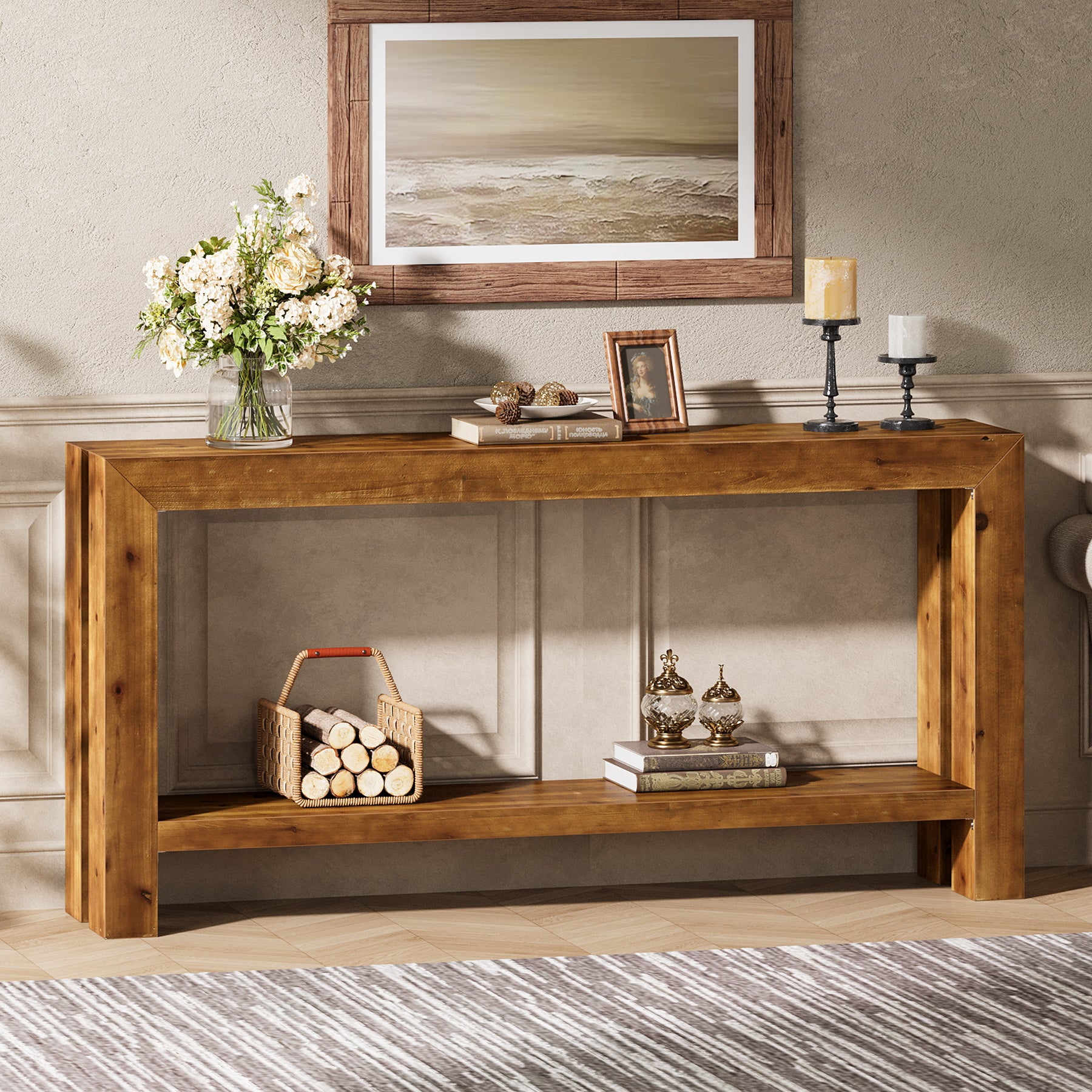63" Solid Wood Console Table, 2-Tier Sofa Entryway Table for Hallway