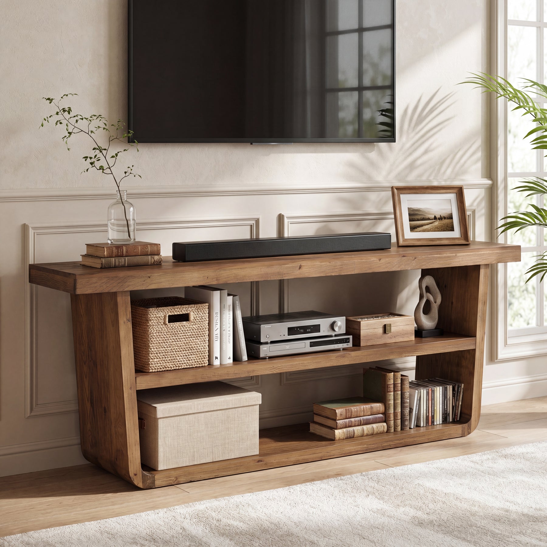 63" Solid Wood TV Stand, 3-Tier Entertainment Center with Storage for 75" TVs