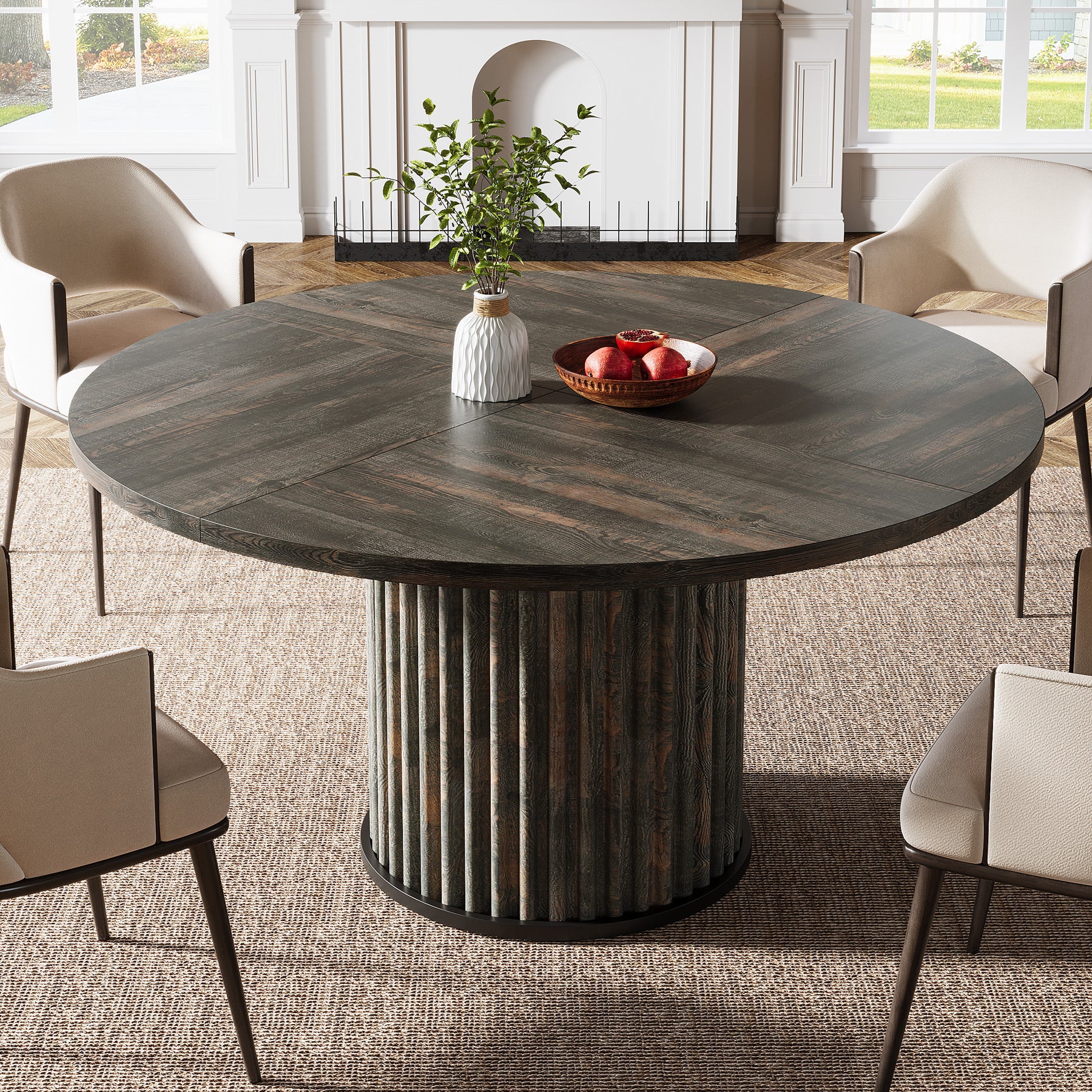 47" Round Dining Table, Wood Kitchen Table With Sturdy Fluted Metal Base