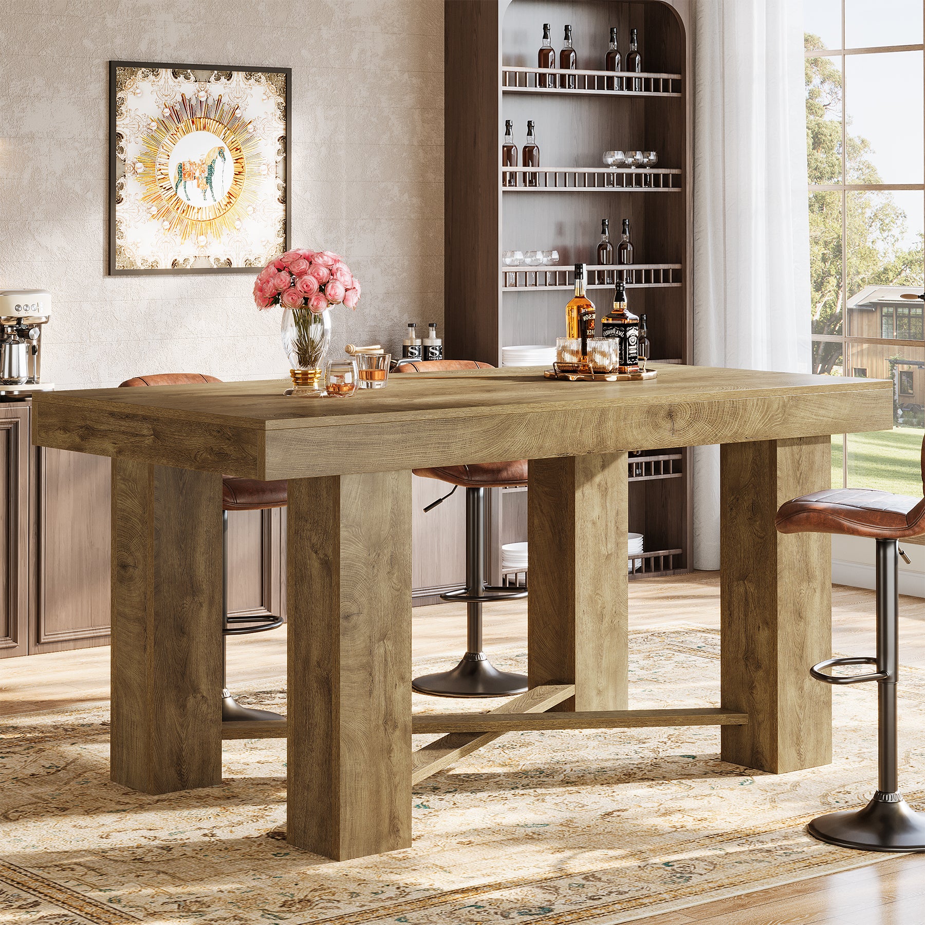 55 Inch Farmhouse Bar Table Counter Height, Rectangular Wooden Pub Table