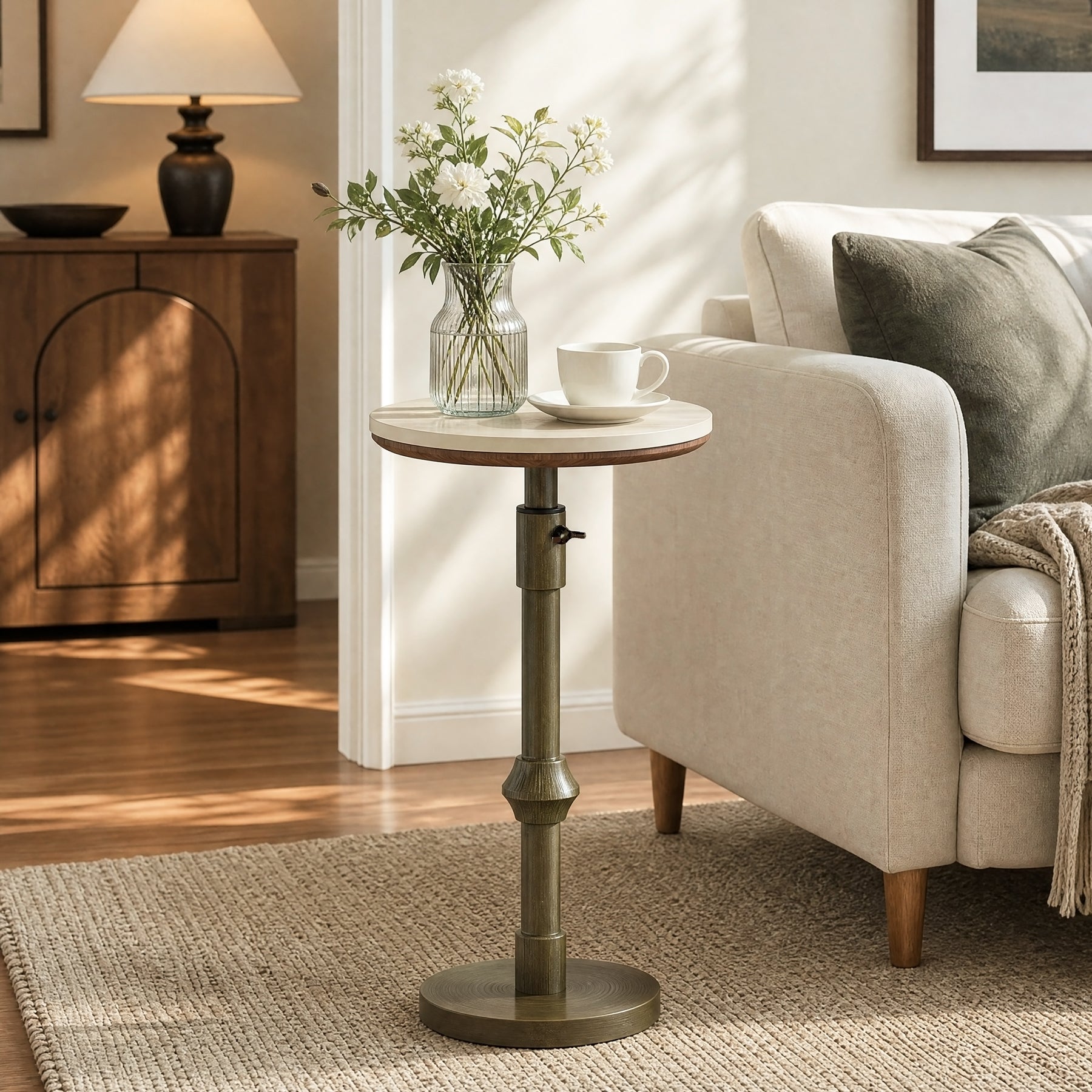 Adjustable-Height End Table with Travertine Top and Antique Brass Stand Base