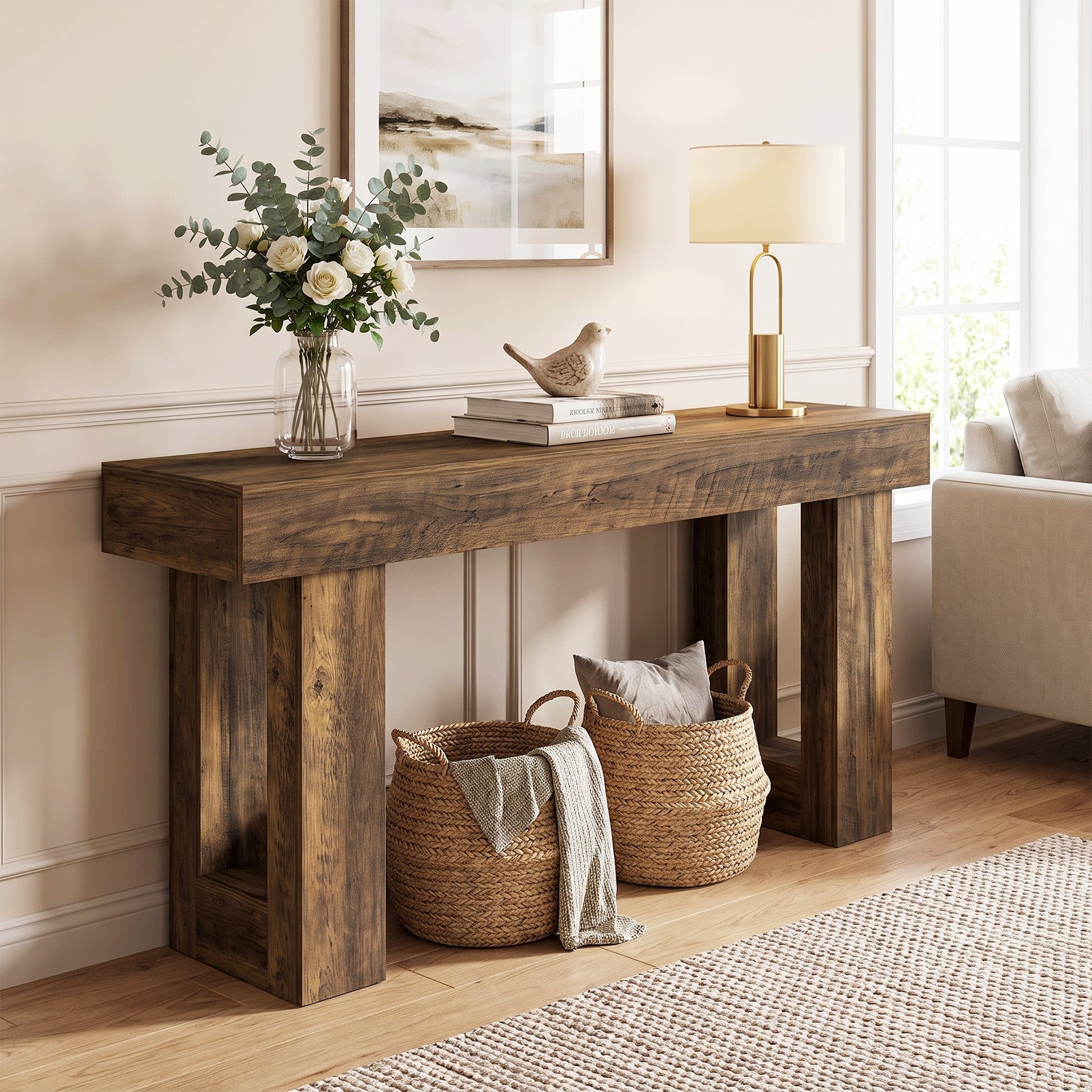 Wooden Sofa Table, 63-Inch Modern Console Table For Living Room