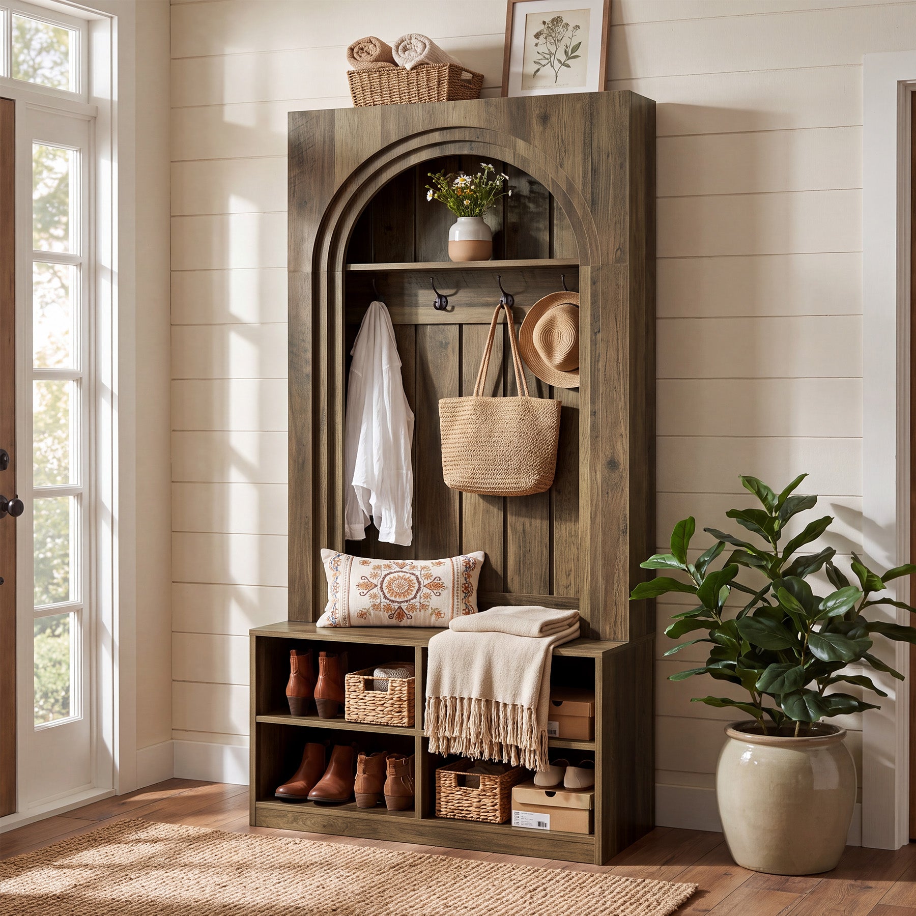 70.9" Arched Hall Tree, Farmhouse Entryway Coat Rack With Shoe Cubby Storage