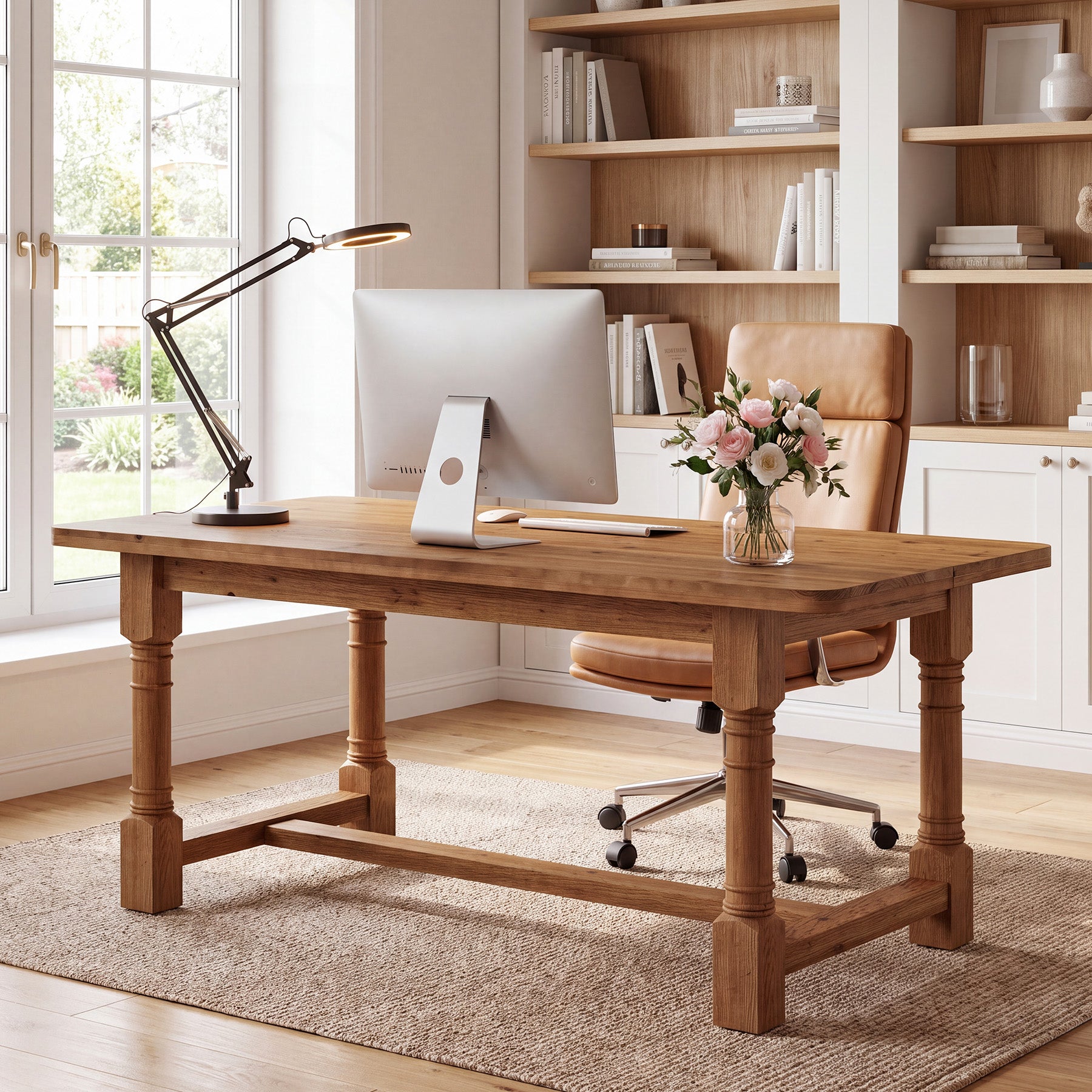 Solid Wood Executive Desk, 63" Rectangular Computer Desk with Trestle Base for Home Office