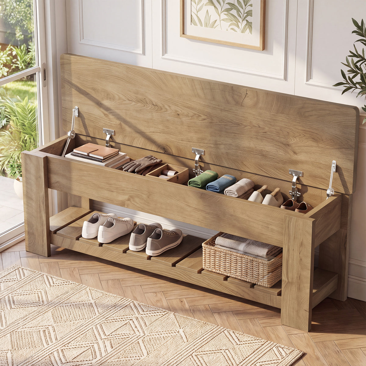 55.12" Lift Top Entryway Bench with Shoe Rack and Hidden Storage