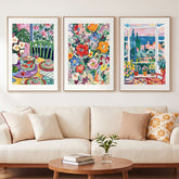 3 Piece Hand-Painted Oil Painting Style Canvas Wall Art Set,24x36 Inch Colorful Floral and Mediterranean Coastal Prints 3