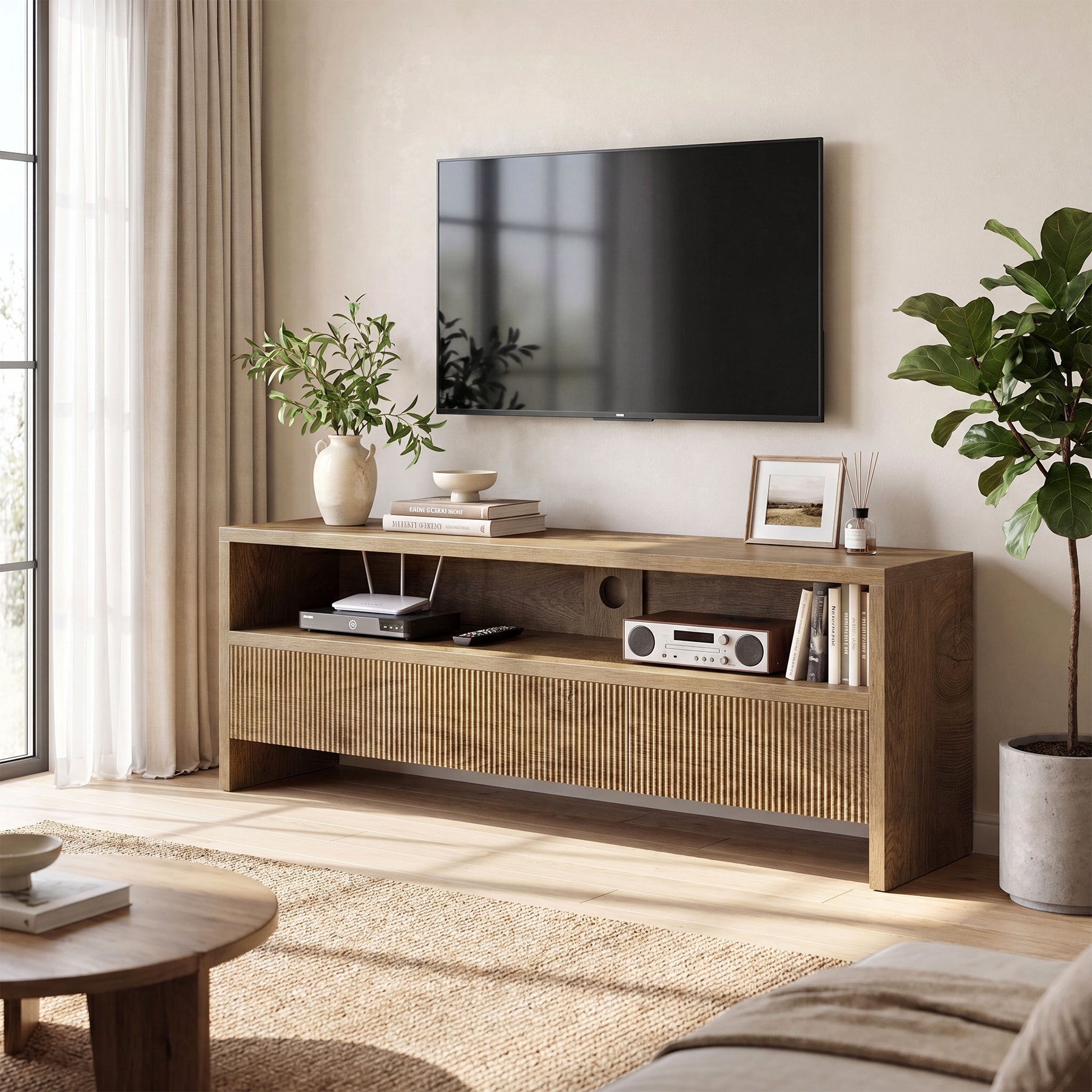 Tribesigns 63-Inch TV Stand with 3 Drawers and Open Shelves, Farmhouse Media Console for Living Room