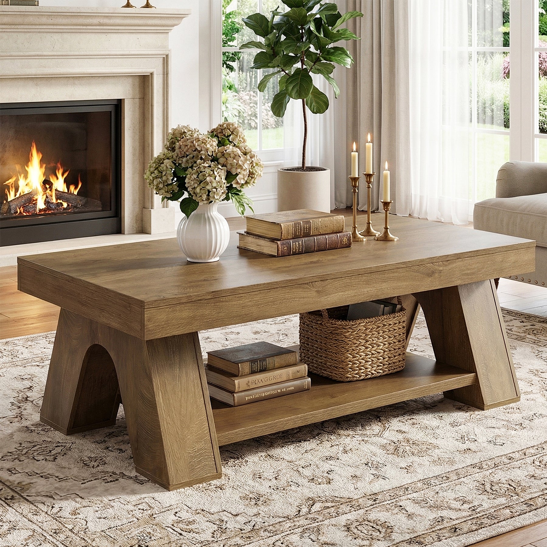 Tribesigns 55.1-Inch Farmhouse Coffee Table with Storage Shelf, Large Rectangle Center Table for Living Room