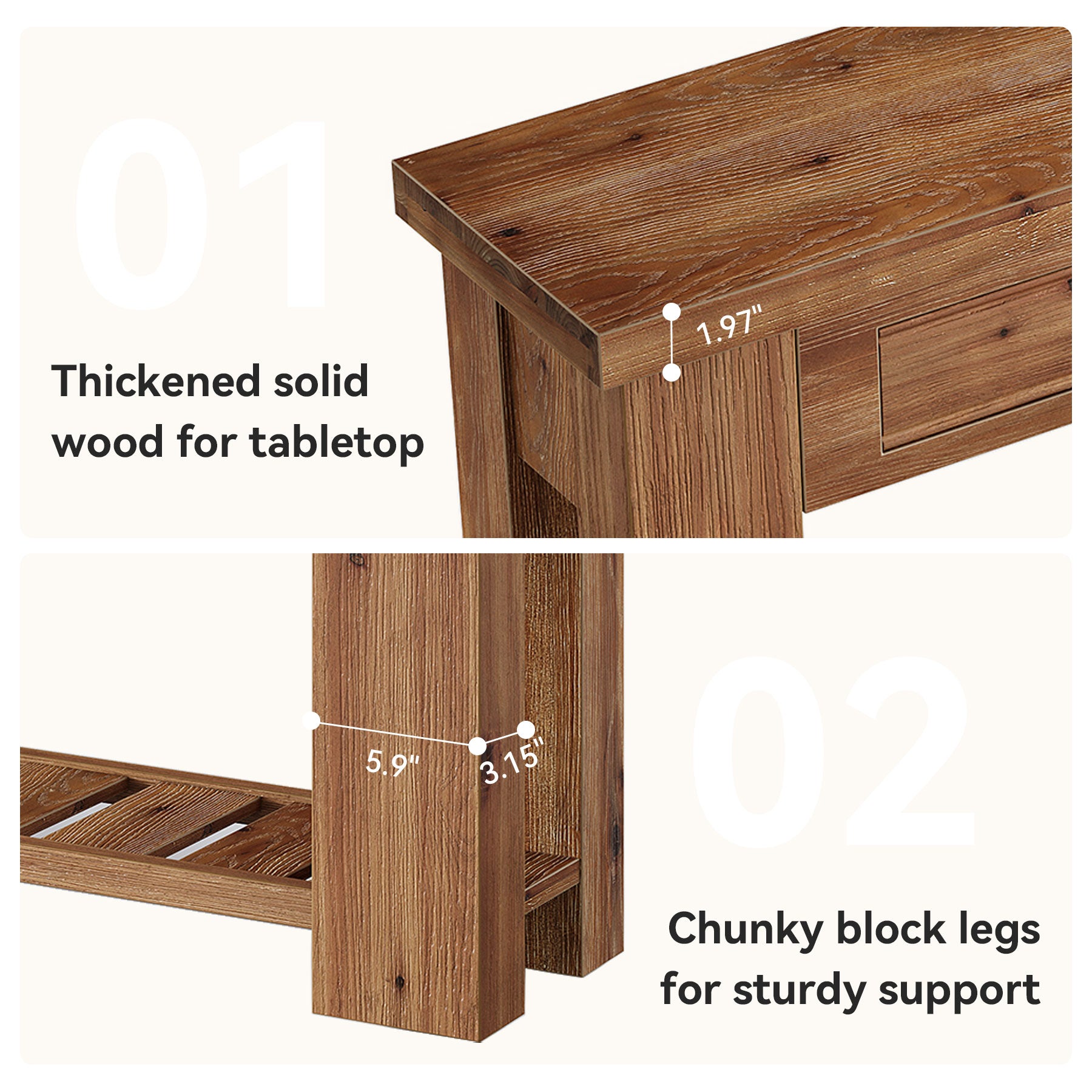 63" Solid Wood Console Table, Entryway Sofa Table with 2 Drawers and Open Slatted Shelf