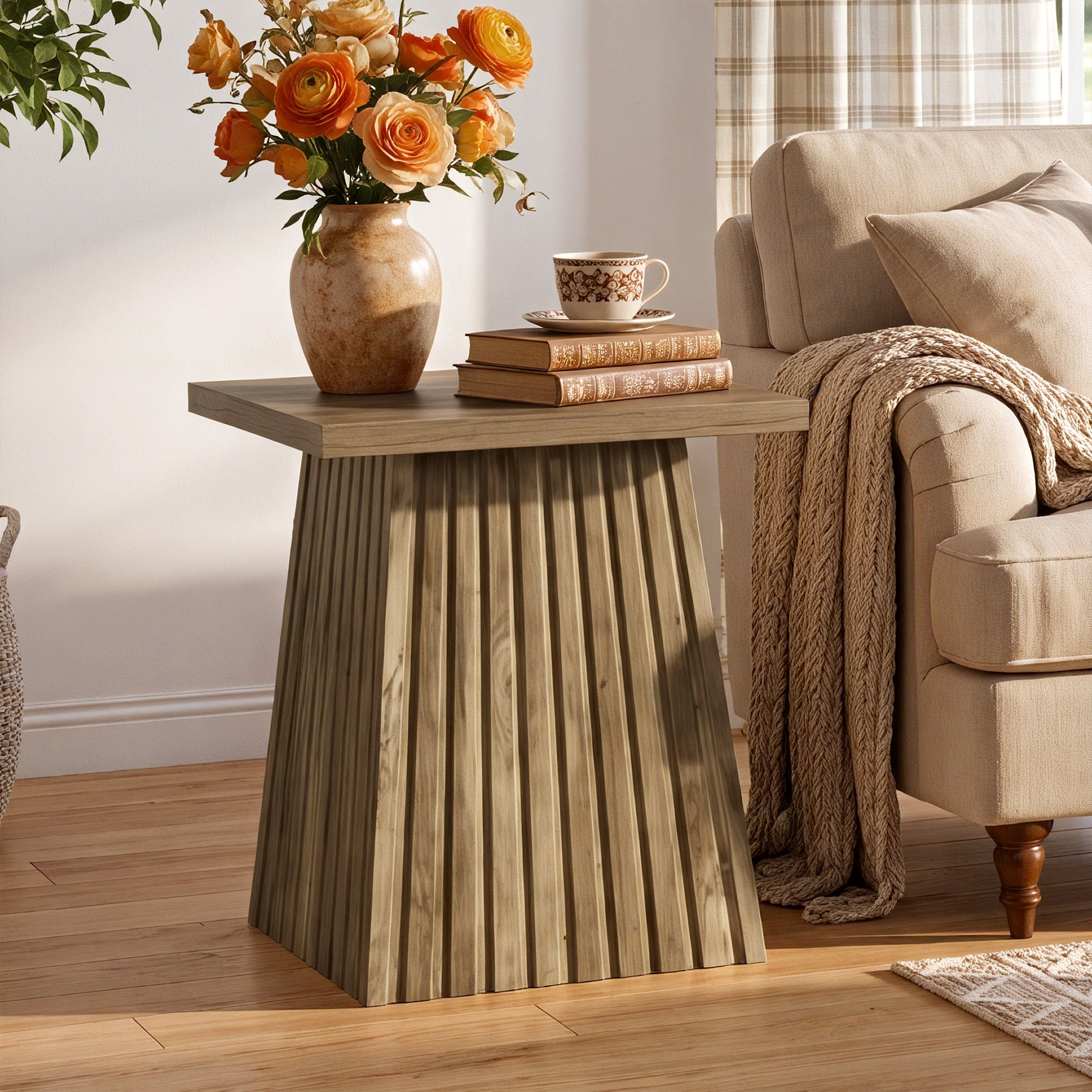 19.7" Square End Table, Modern Rustic Side Table with Fluted Base for Small Space