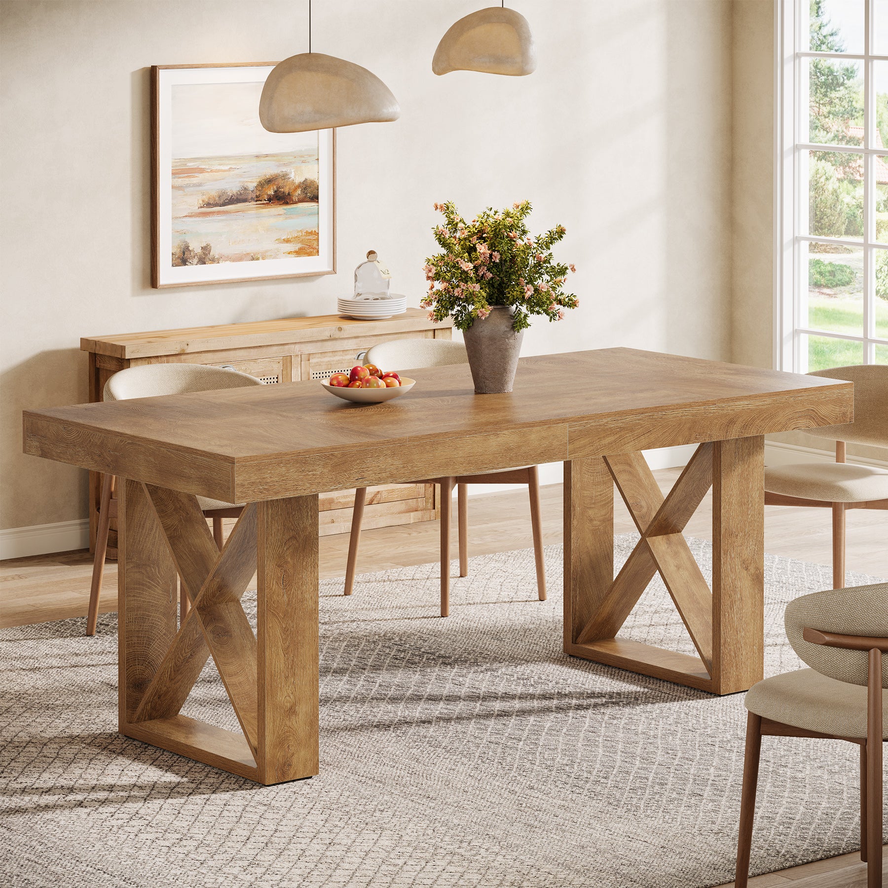 Rectangle Dining Table, 63" Farmhouse Kitchen Table for 4-6 People