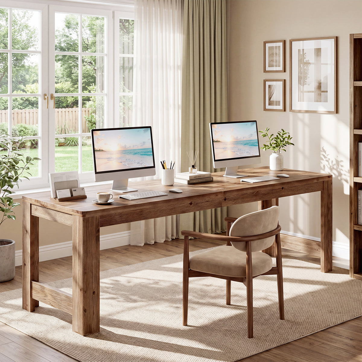 79" Farmhouse Solid Wood Two Person Desk, Long Computer Desk for 2, Writing Table