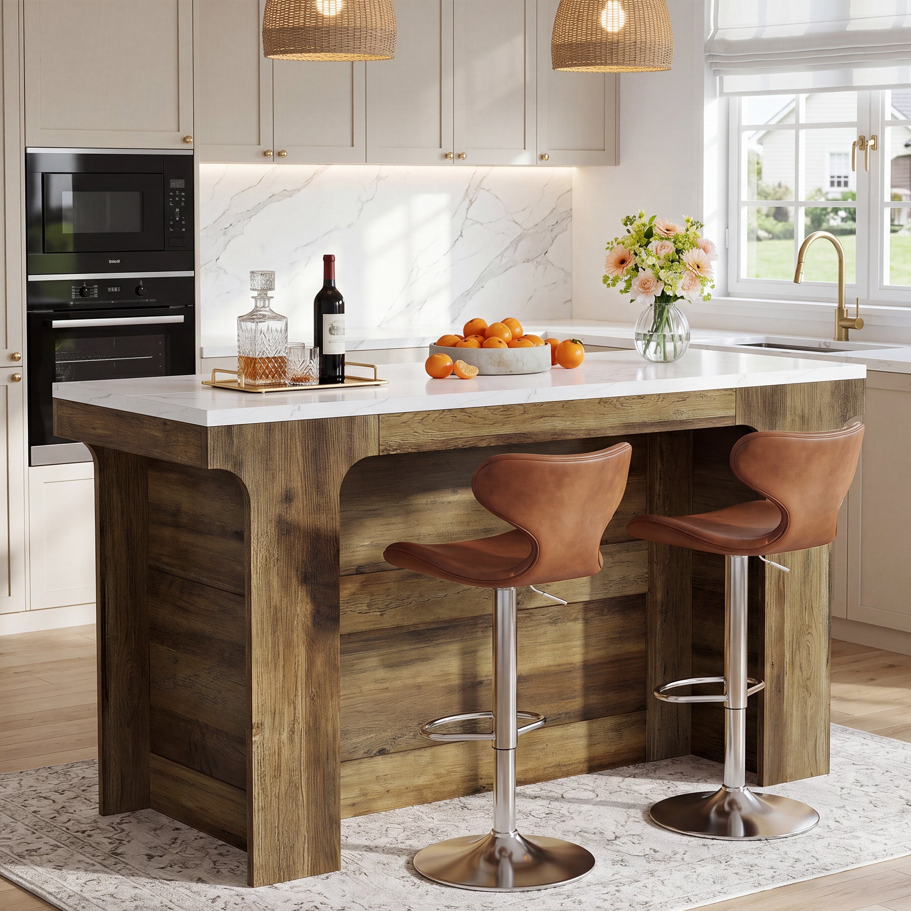 59'' Bar Table, Modern Counter Height Table with Faux Marble Top for Kitchen, Bistro