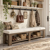 71" Wide Entryway Shoe Bench, Farmhouse Cushioned Seat & Lower Open Storage Shelf 3
