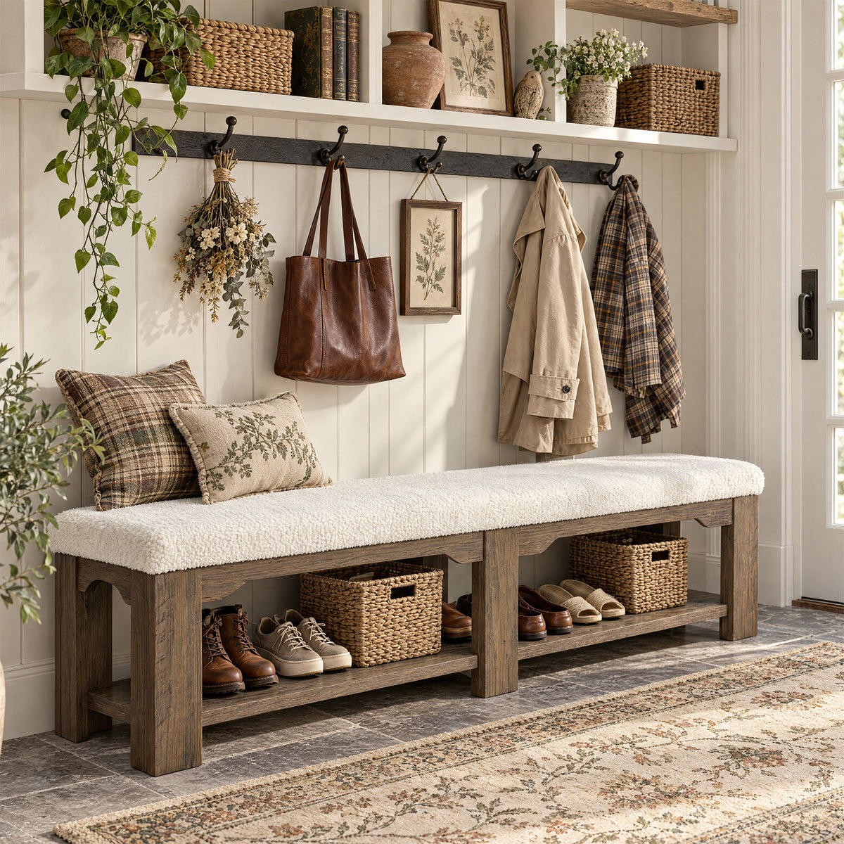 71" Wide Entryway Shoe Bench, Farmhouse Cushioned Seat & Lower Open Storage Shelf