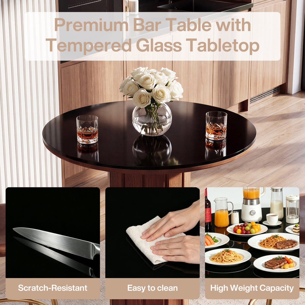 37.8" H Round Bar Table with Tempered Glass Top, Modern Pub Table with Fluted Pedestal Base