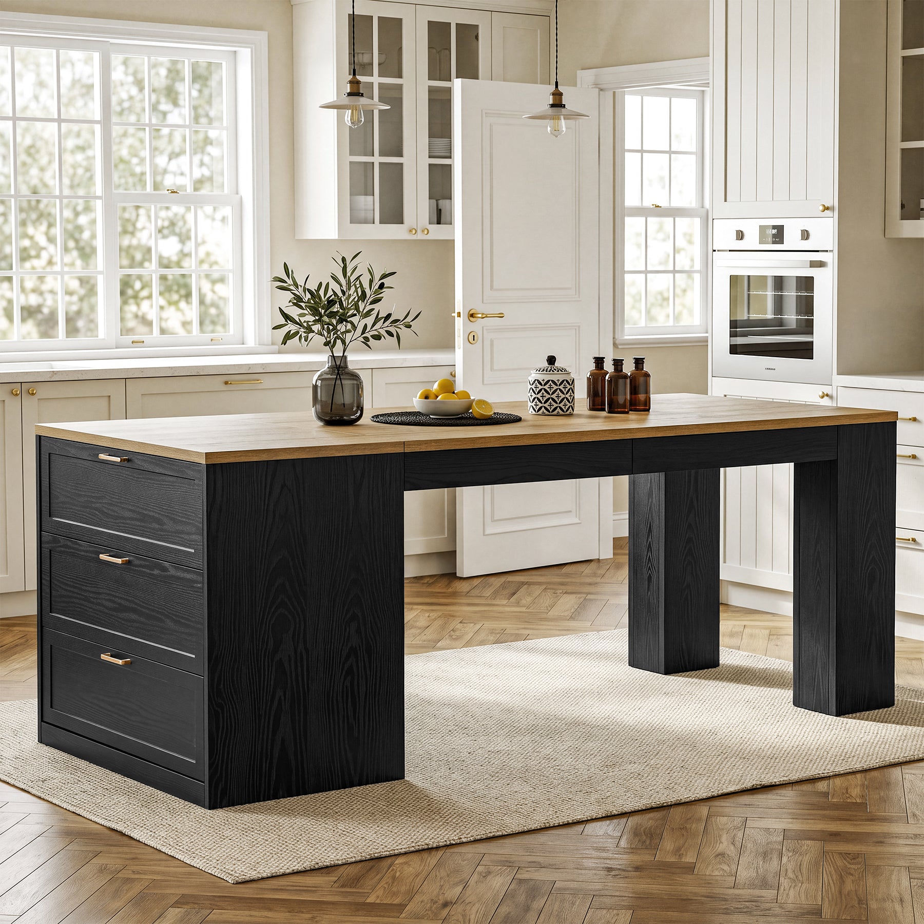 78.7" Extra Long Kitchen Island with 3 Drawers, Modern Prep Table, Large Leg Room