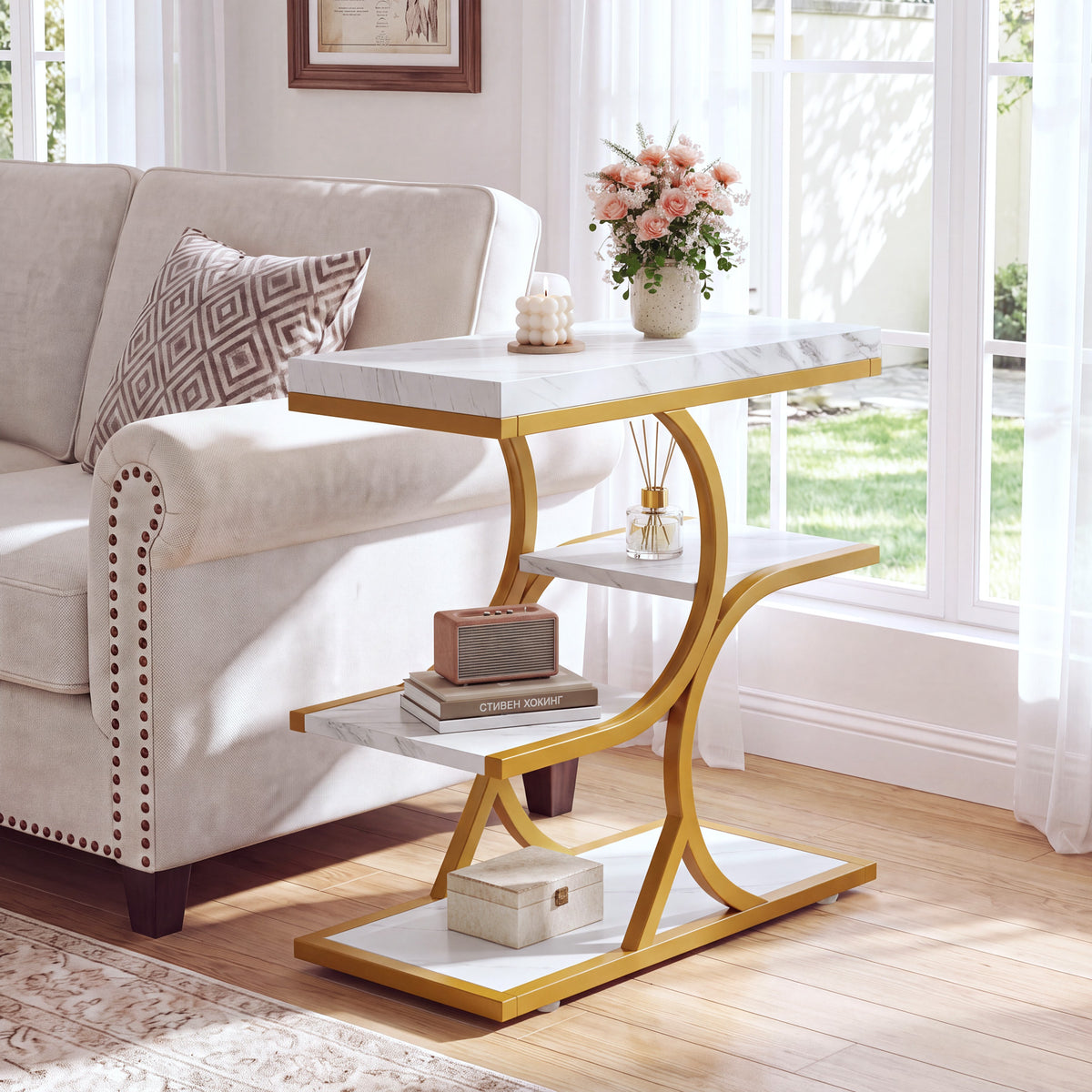 23.62" End Table with 4-Tier Shelf, Narrow Side Table with Metal Frame for Small Spaces