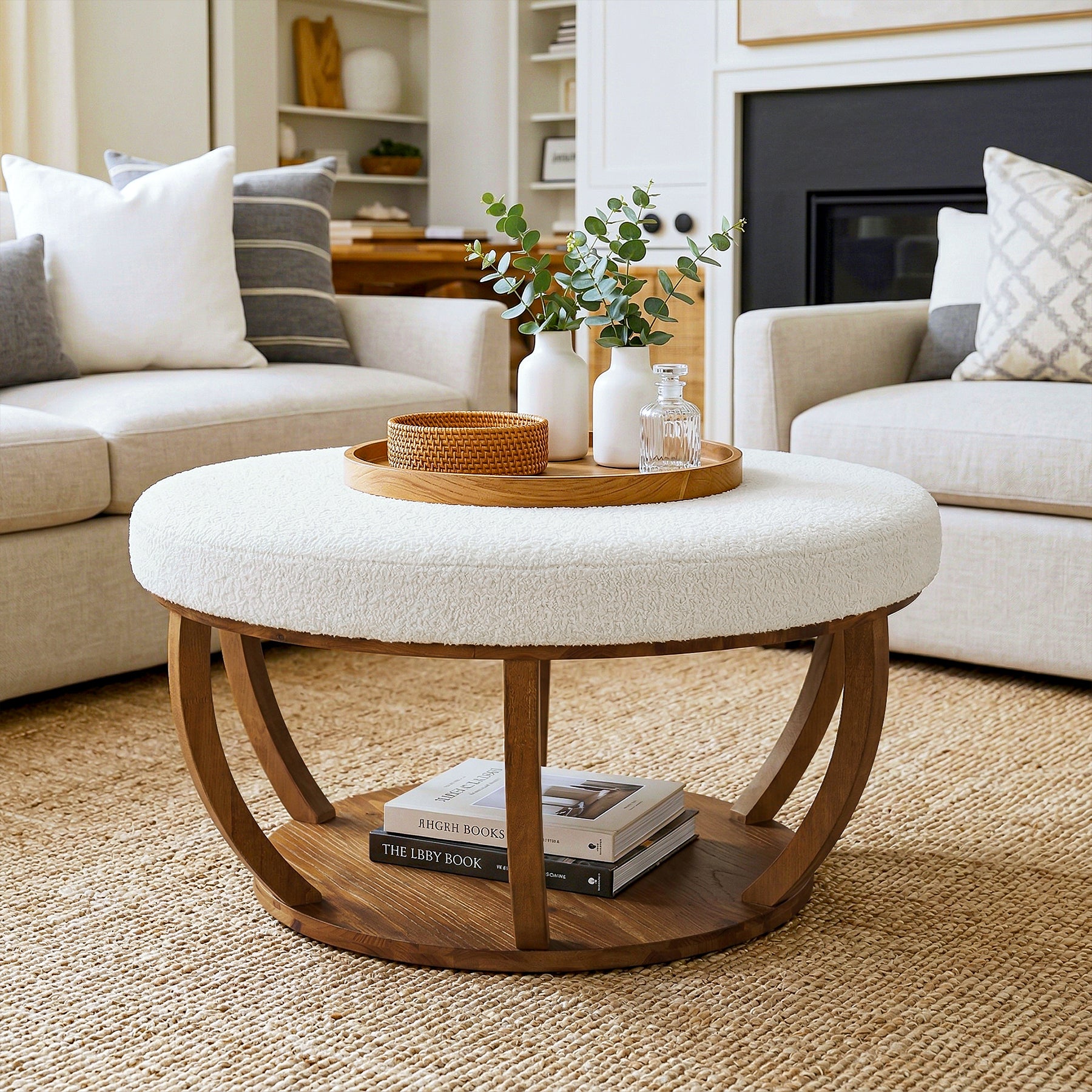 31.5" Round Coffee Table, Modern Footrest Ottoman Center Table with Solid Wood Frame